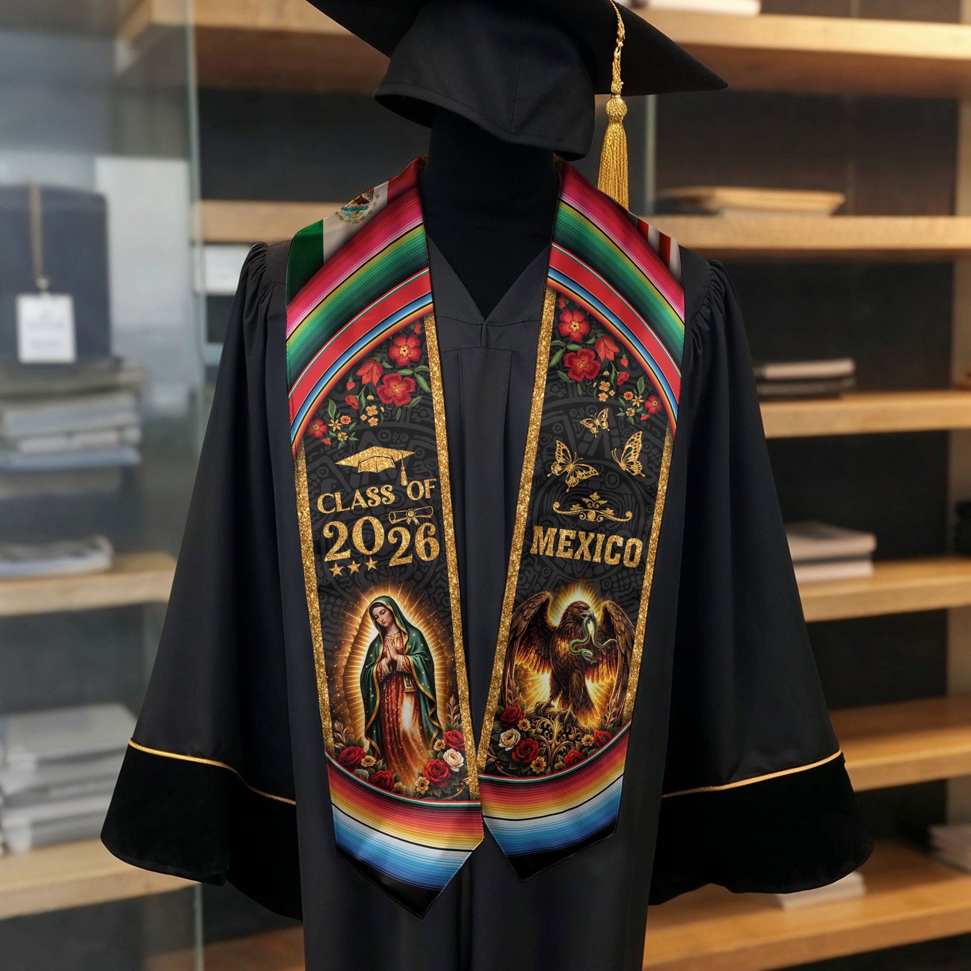 Mexico Graduation Stole Class of 2026 Virgin Mary Guadalupe Eagle US Flag Serape Sash