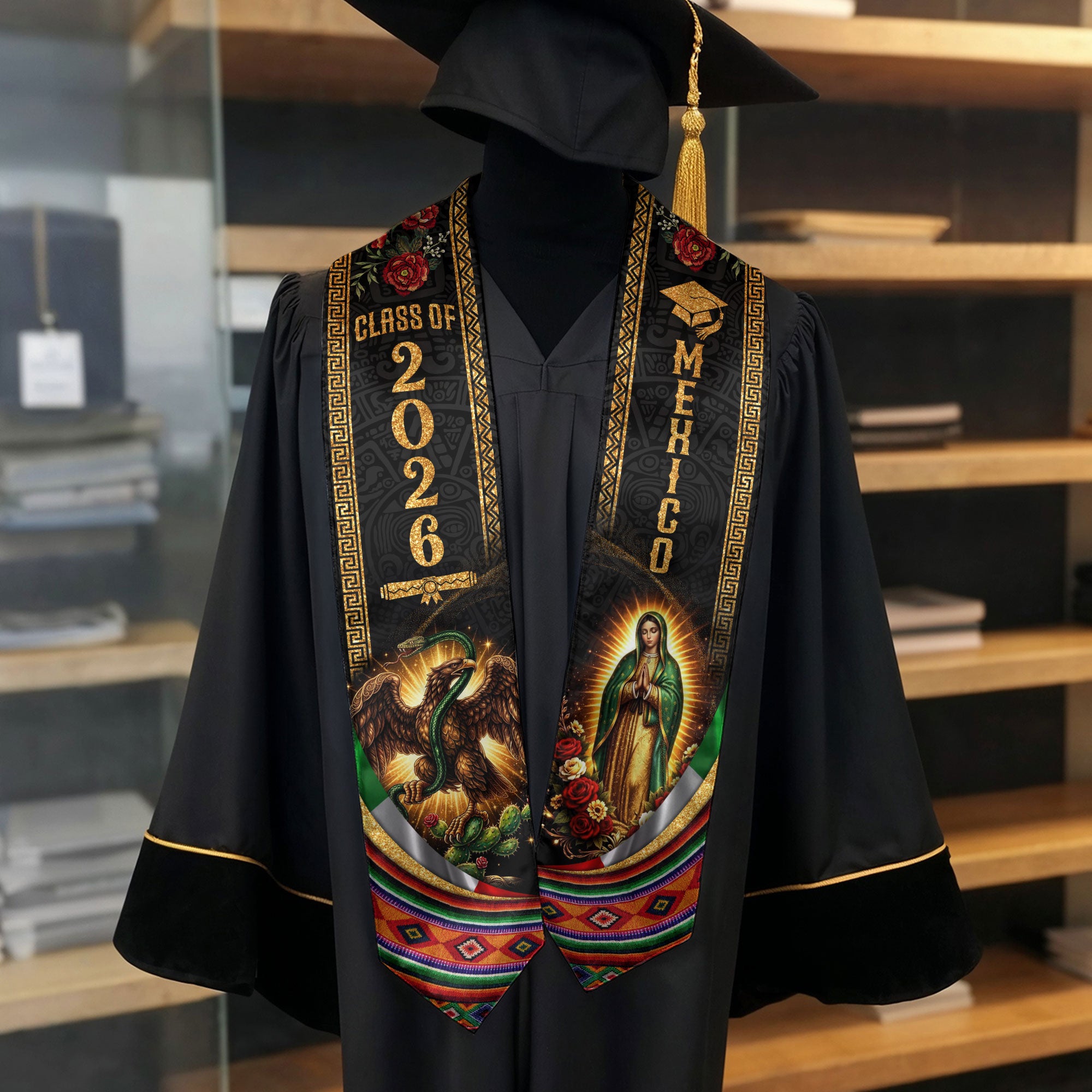 Graduation Stole Class of 2026 Mexico Aztec Eagle Guadalupe Premium Hispanic Sash