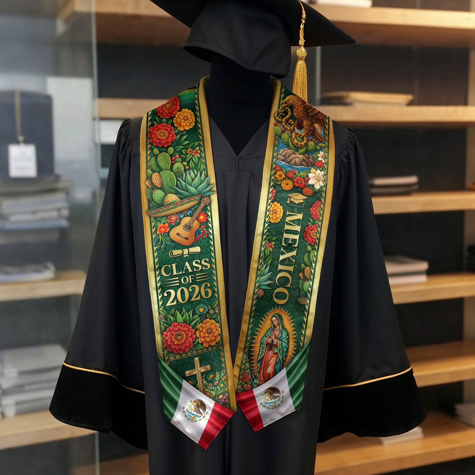 Mexico Graduation Stole Class of 2026 – Mexican Heritage Virgen Guadalupe Sash