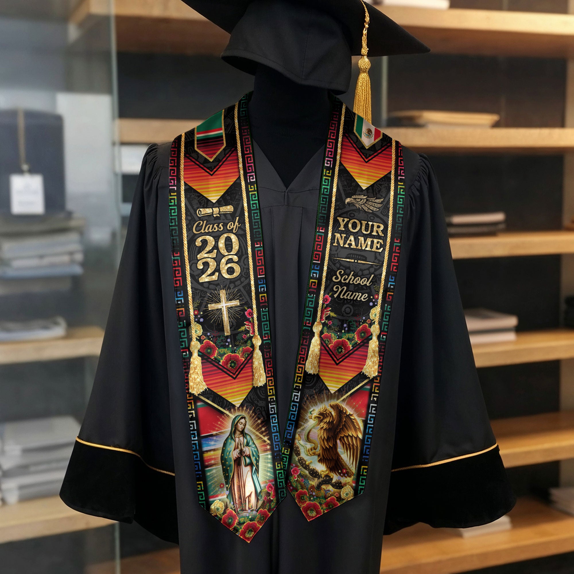 Custom Mexico Graduation Stole 2026 Virgin of Guadalupe Eagle Mexican Heritage Sash Gift