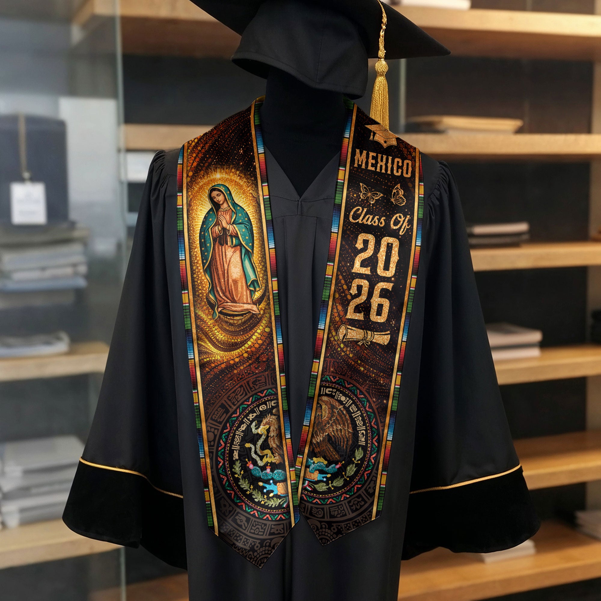 Mexico Graduation Stole Class of 2026 Virgin of Guadalupe Aztec Calendar Serape Sash