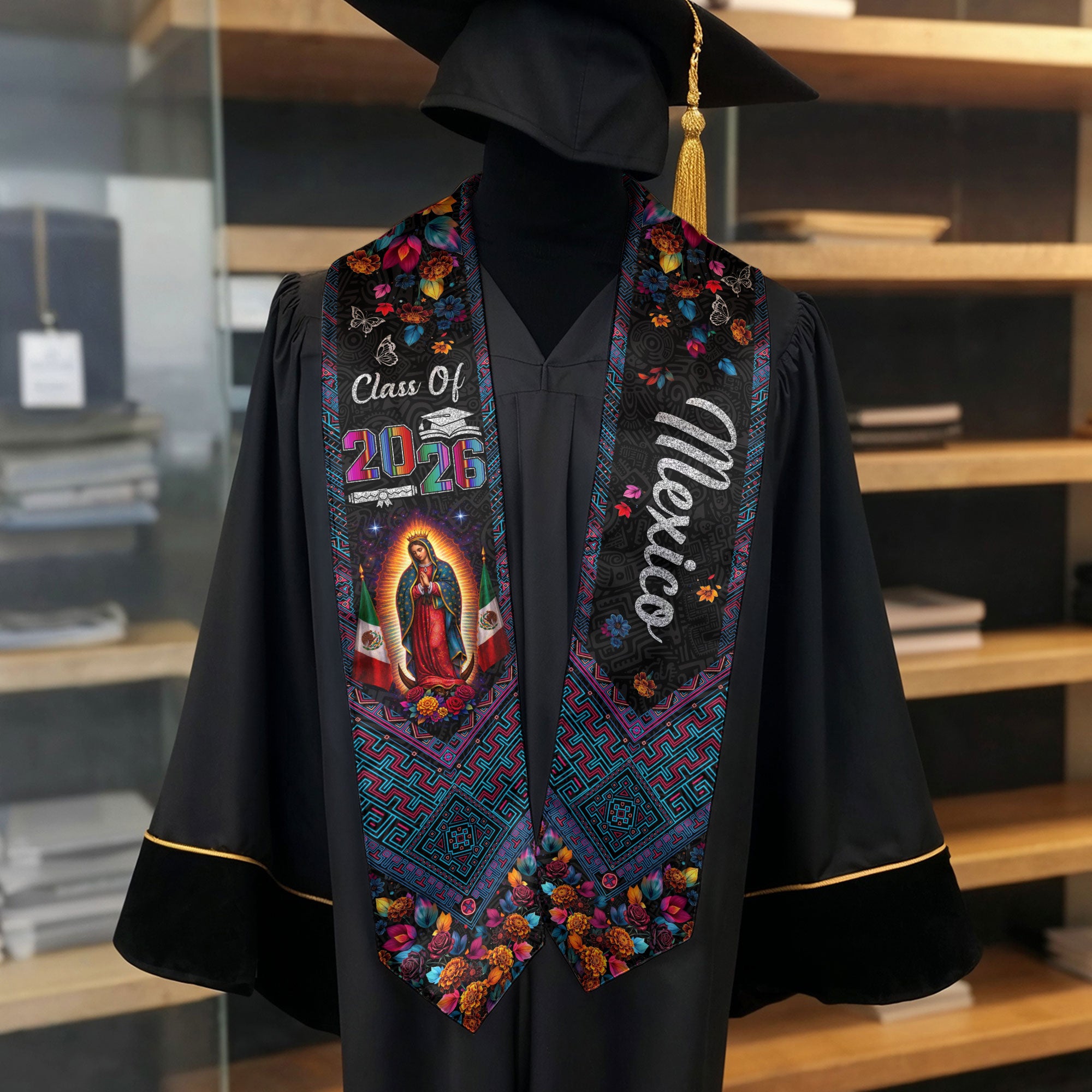 Class of 2026 Mexico Graduation Stole Virgin Guadalupe Floral Cultural Kente Sash