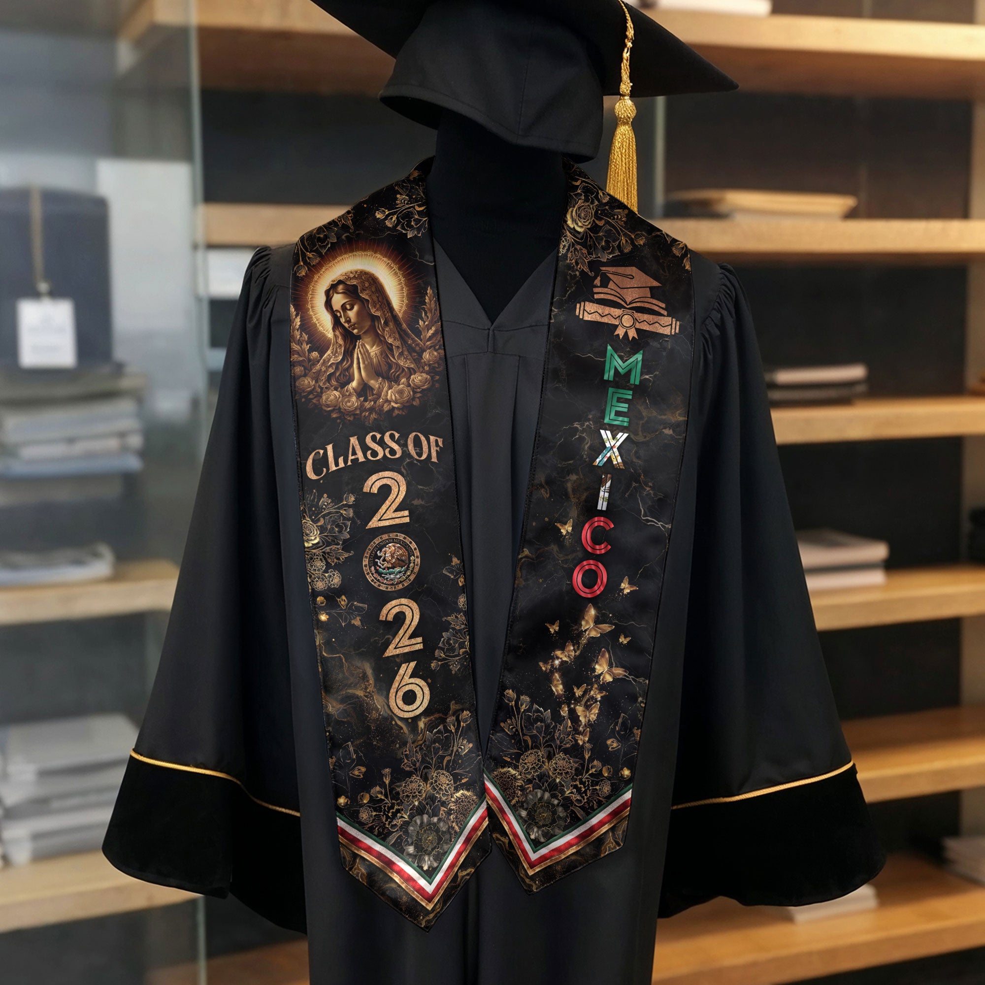 Mexico Graduation Stole Class of 2026 Virgin of Guadalupe Floral Heritage Sash