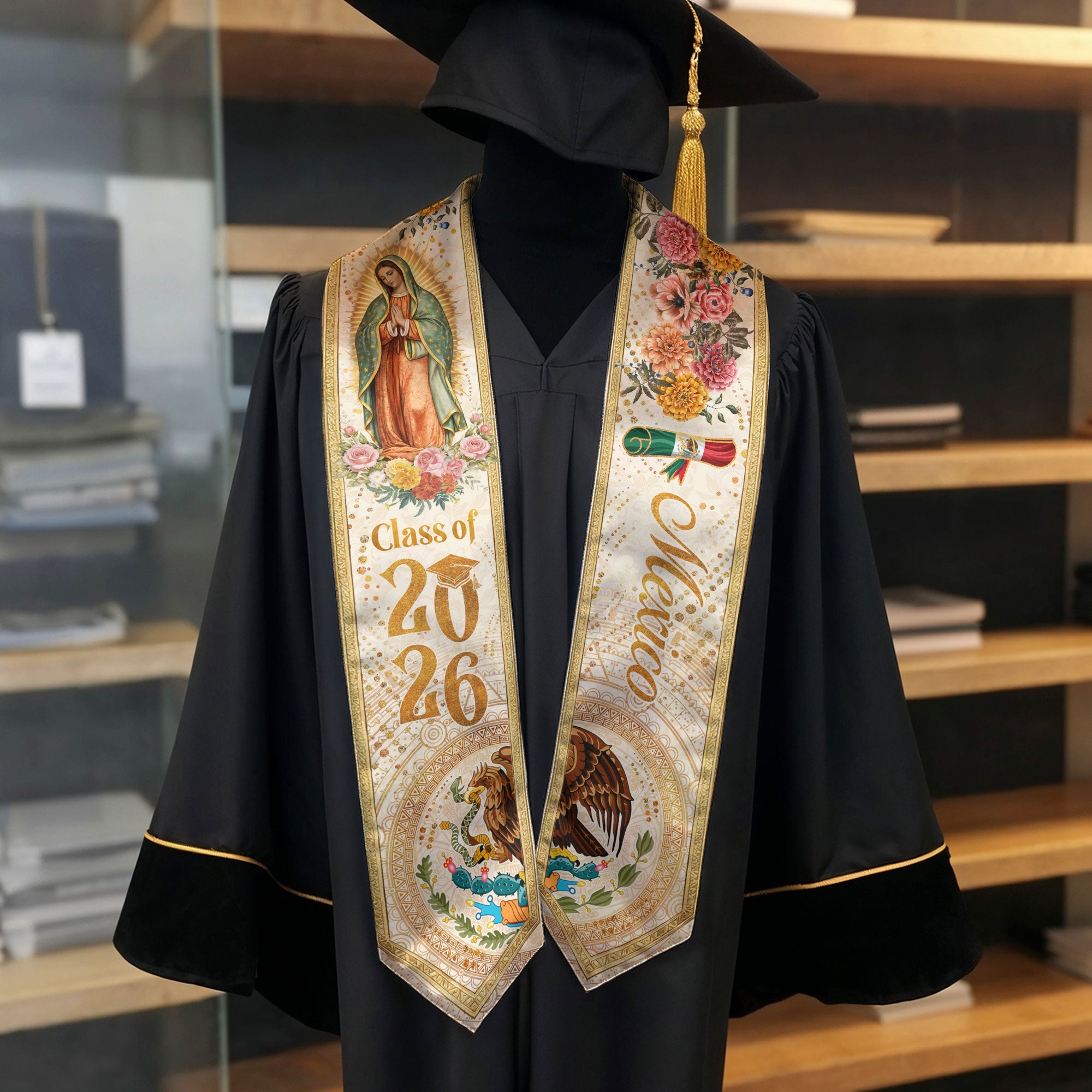 Mexico Graduation Stole 2026 Virgin Guadalupe Floral Aztec Eagle Pride Sash
