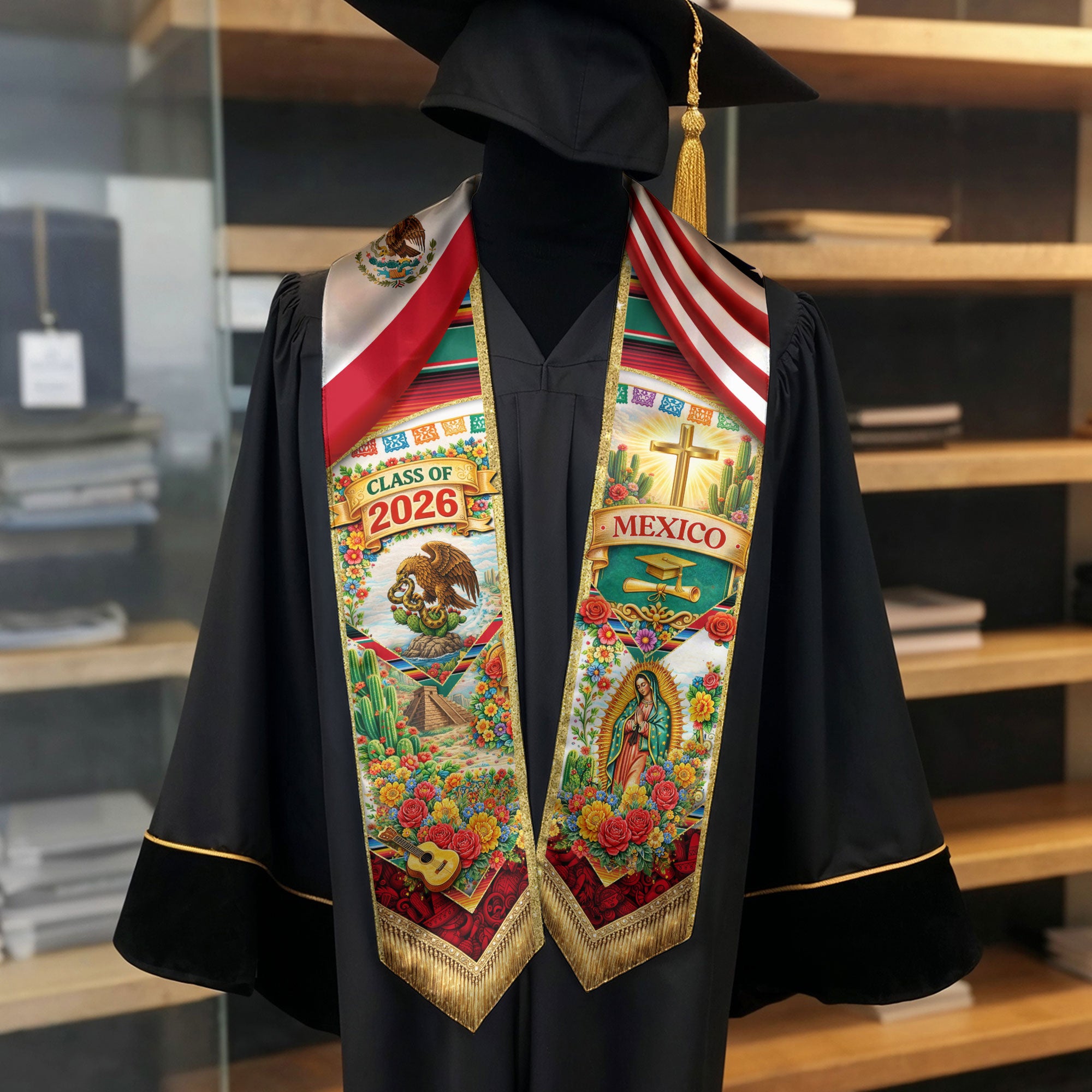Mexico Class of 2026 Graduation Stole Guadalupe Eagle Cross USA Flag Sash