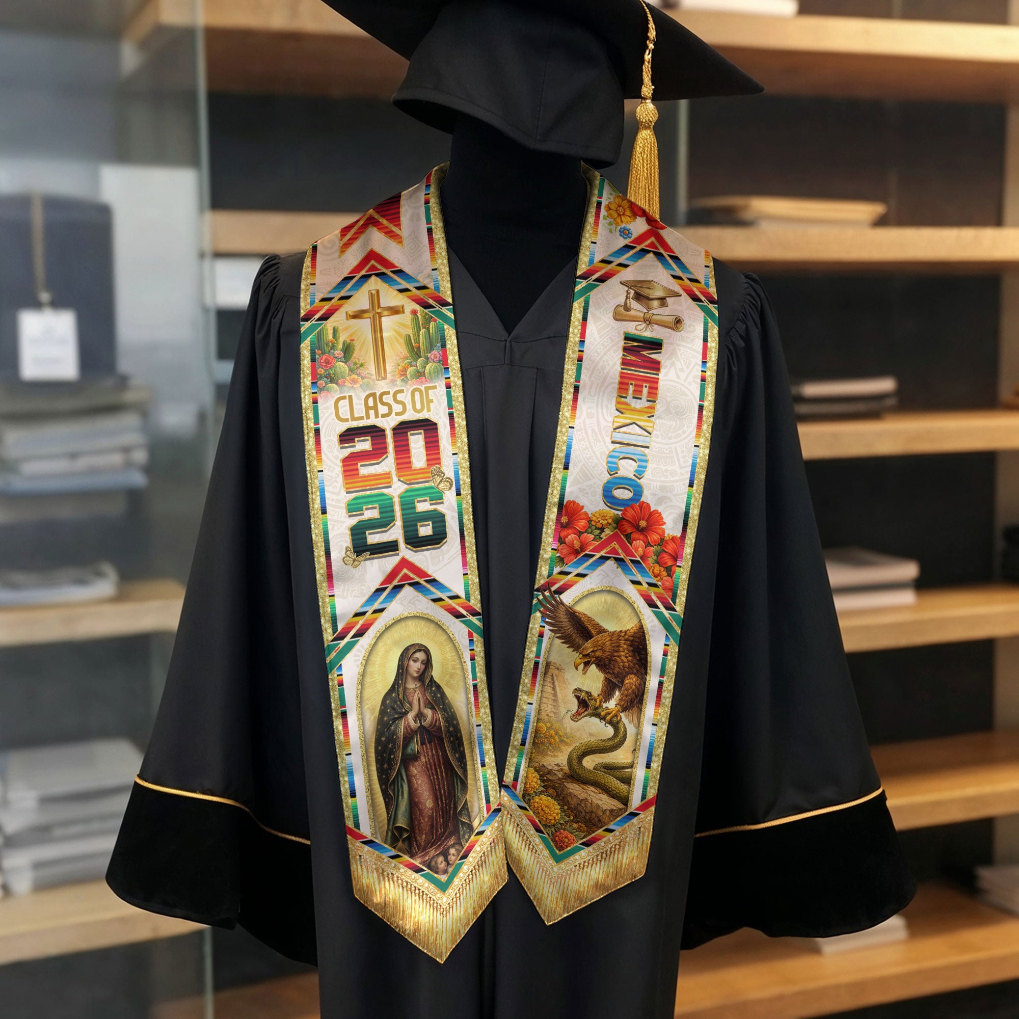 Mexican Graduation Stole 2026 Guadalupe Cross Eagle Snake Serape Sash