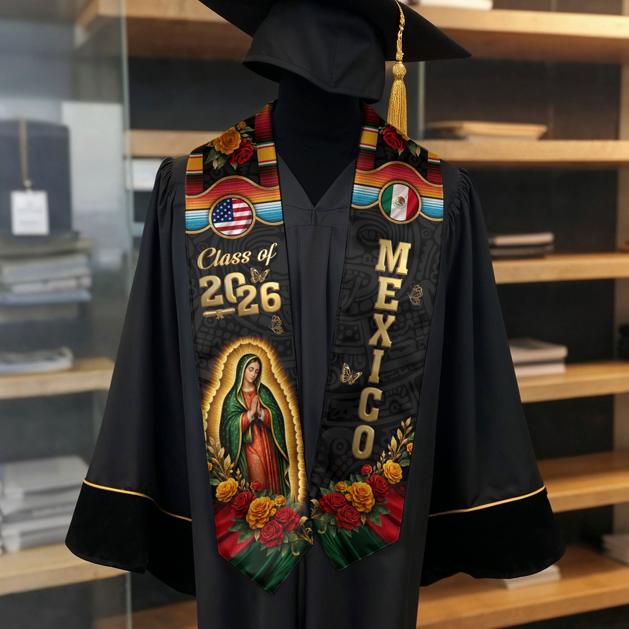 Mexico US Flag Graduation Stole 2026 - Virgin Mary Floral Serape Heritage Sash