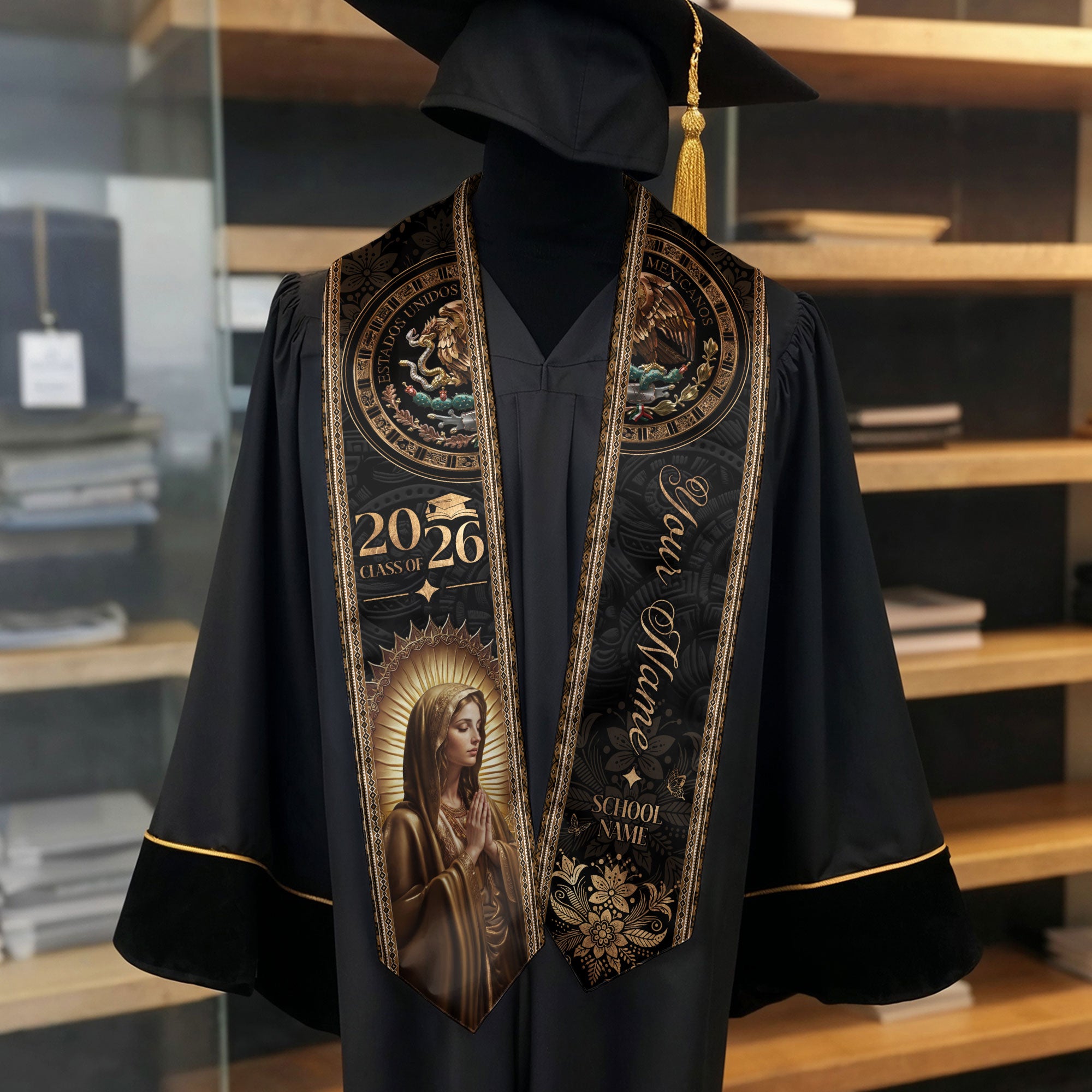 Custom Mexican Graduation Stole 2026 Virgin Mary Gold Eagle Heritage Black Luxury Sash