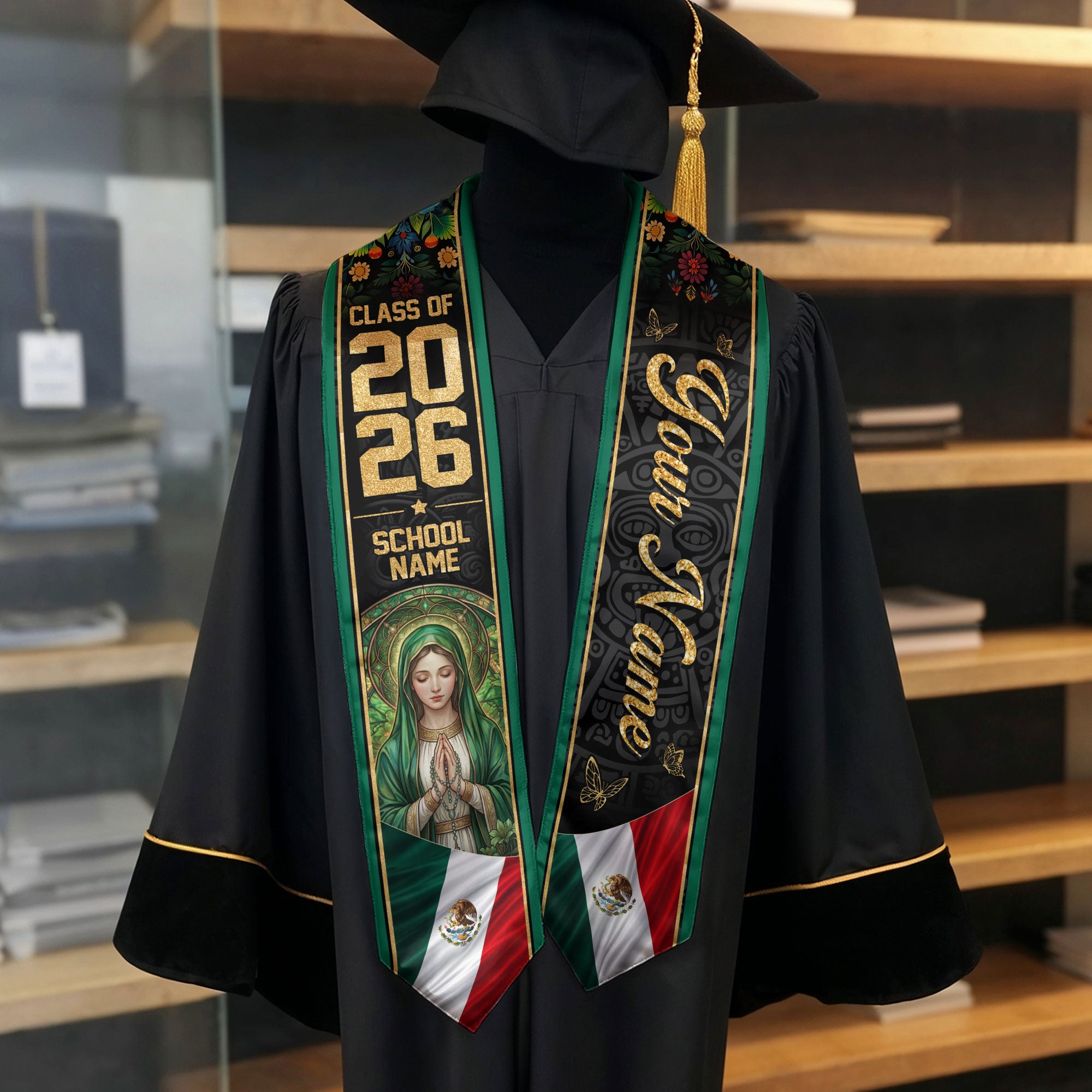 Personalized Mexico Flag Graduation Stole 2026 Our Lady of Guadalupe Floral Kente Sash