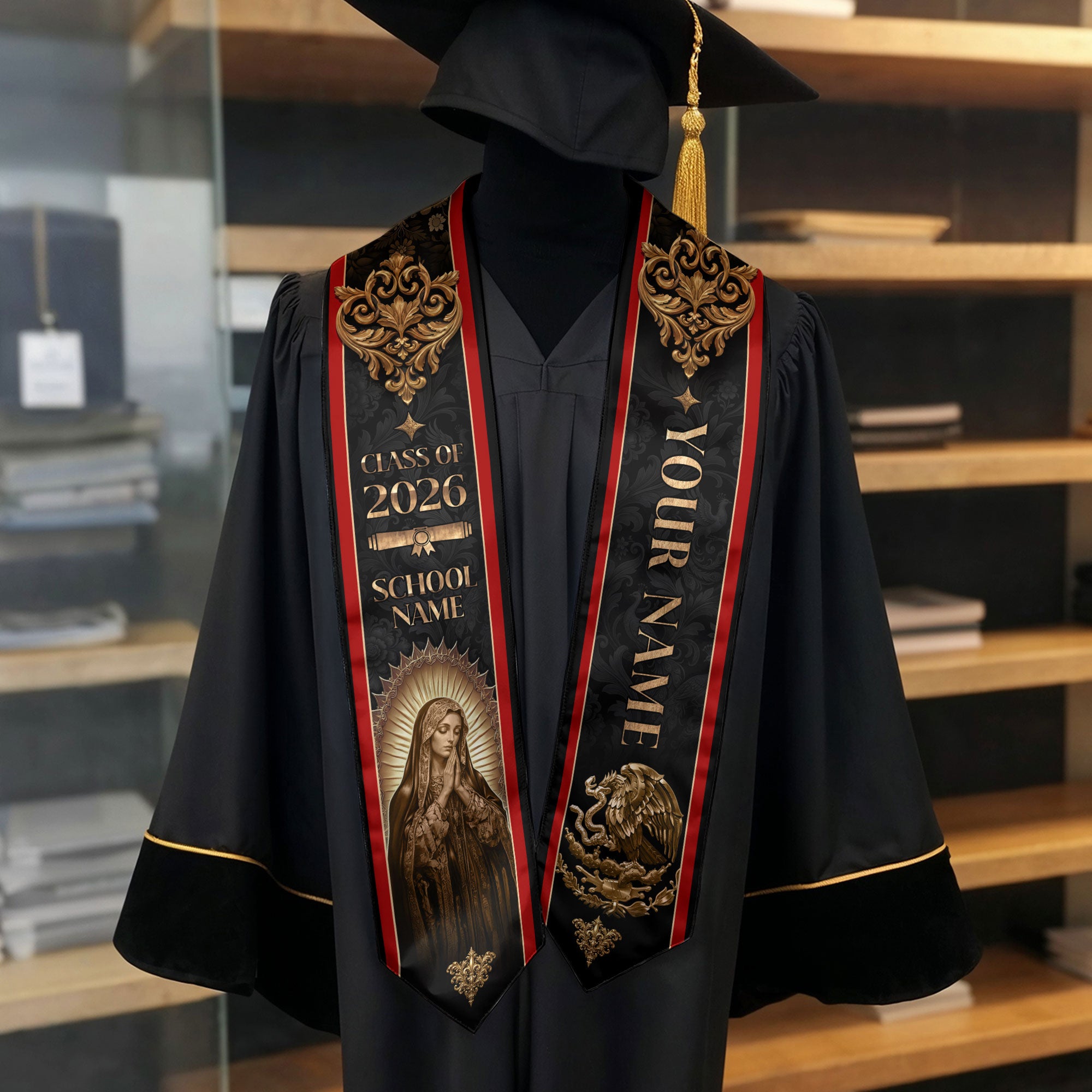 Personalized Mexico Flag Graduation Stole 2026 Our Lady of Guadalupe Gold Baroque Sash