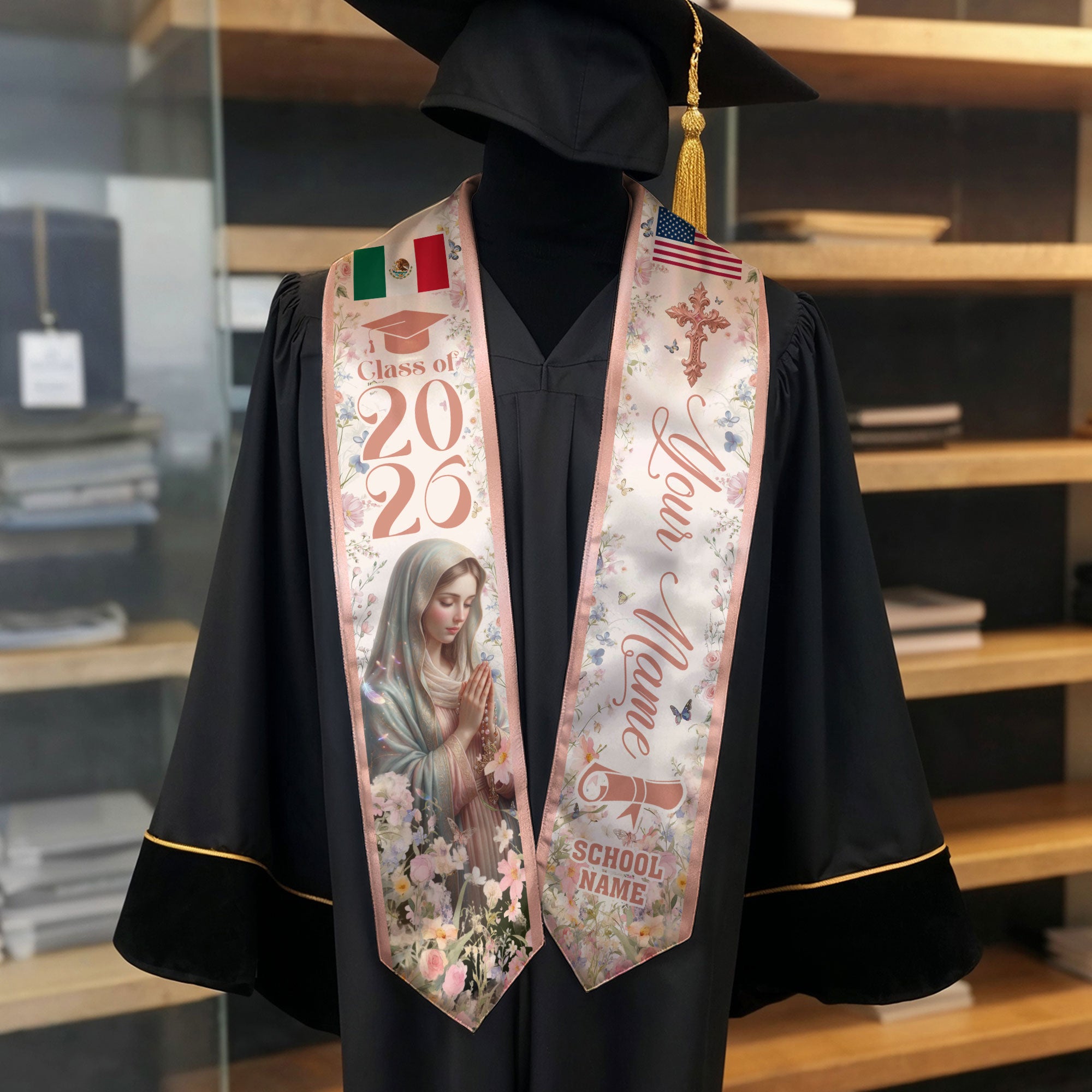Custom Mexican American Graduation Stole 2026 Virgin Mary Floral Mexico USA Flag Sash