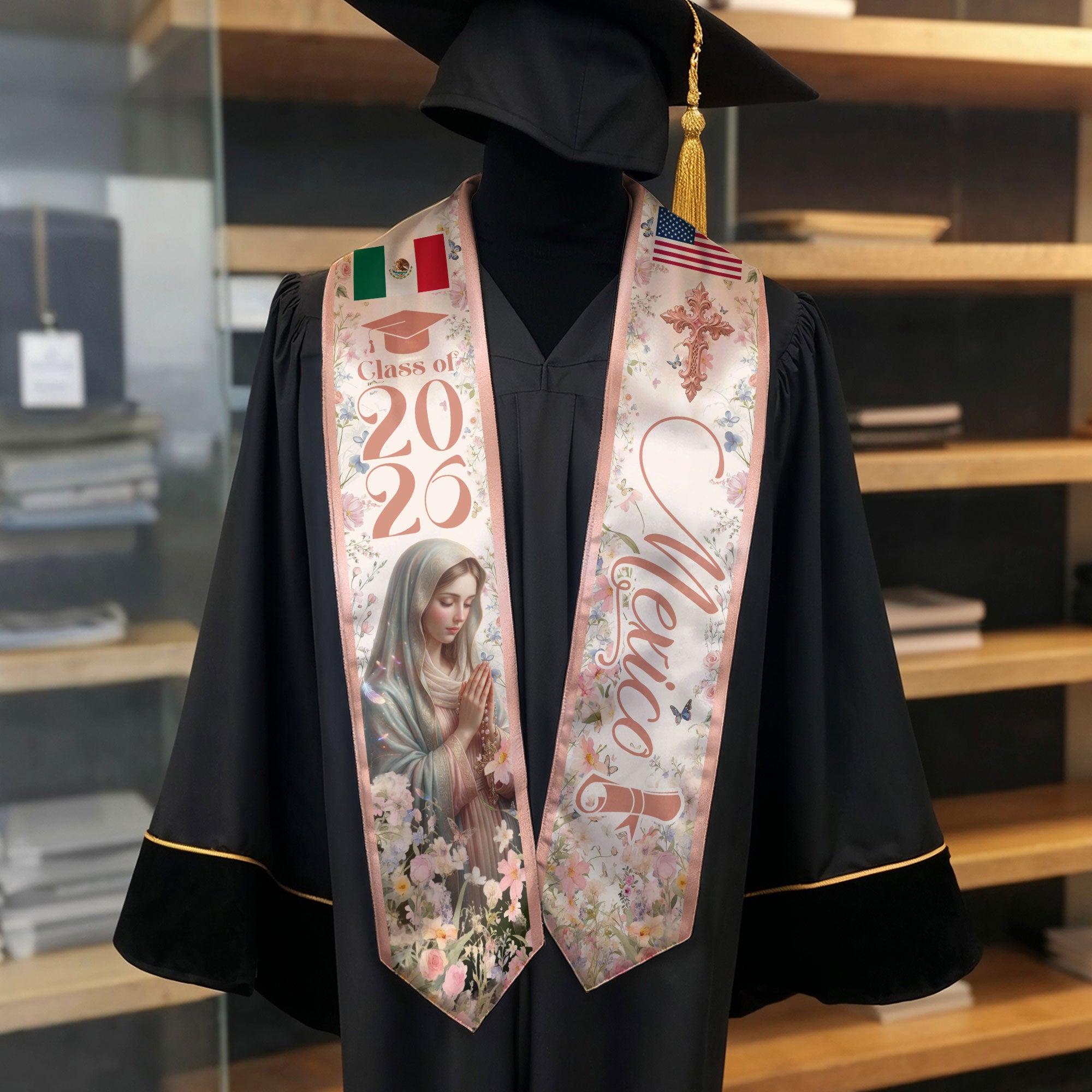 Mexican American Graduation Stole 2026 Virgin Mary Mexico USA Flag Floral Sash