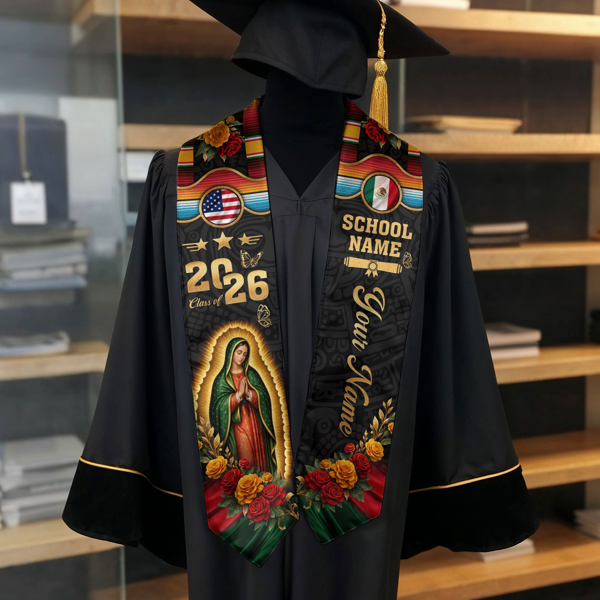 Mexican Graduation Stole 2026 – Virgin Mary, USA & Mexico Flag, Name & School Personalized Sash