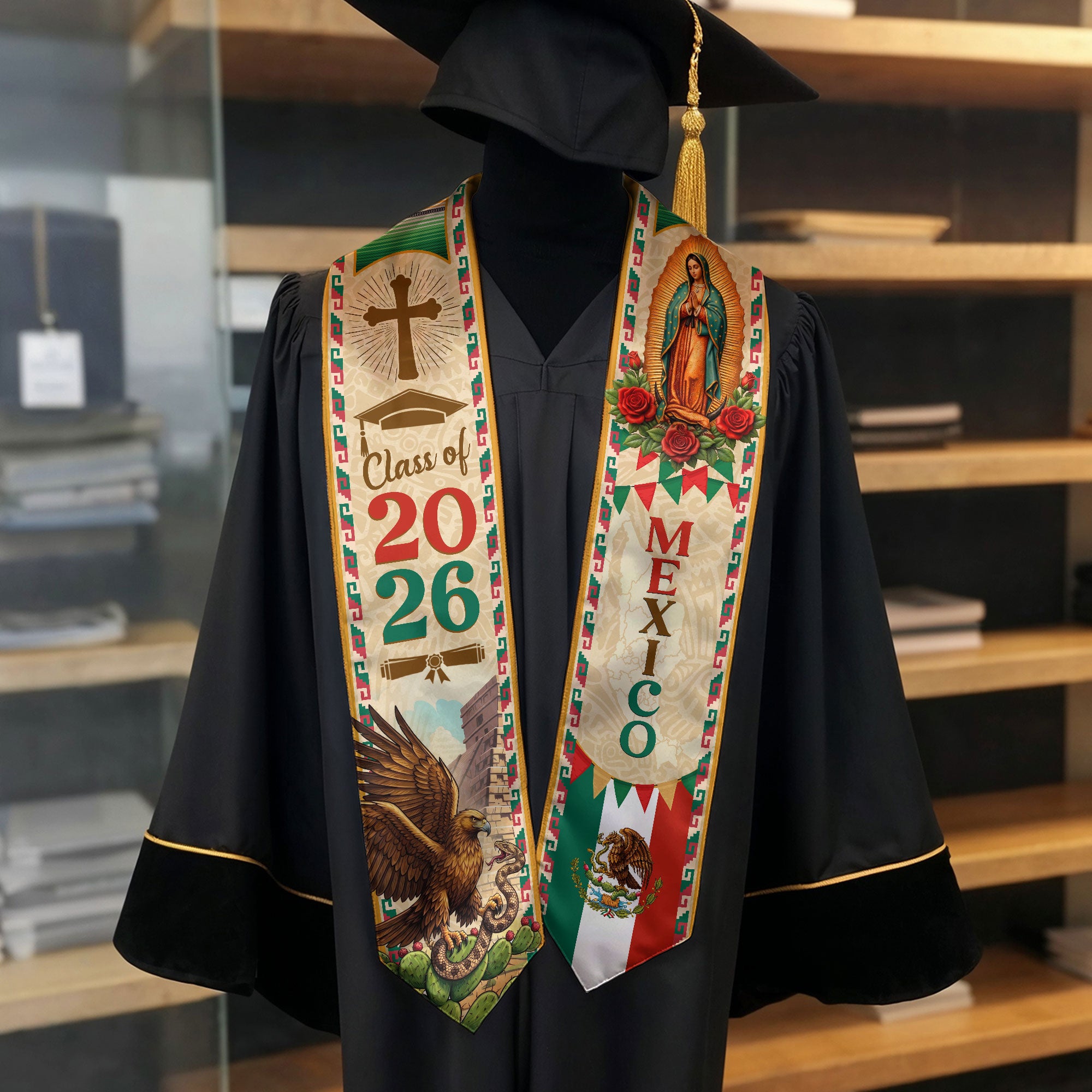 Mexican Flag Graduation Stole - Class of 2026 Sash for Graduation Ceremony