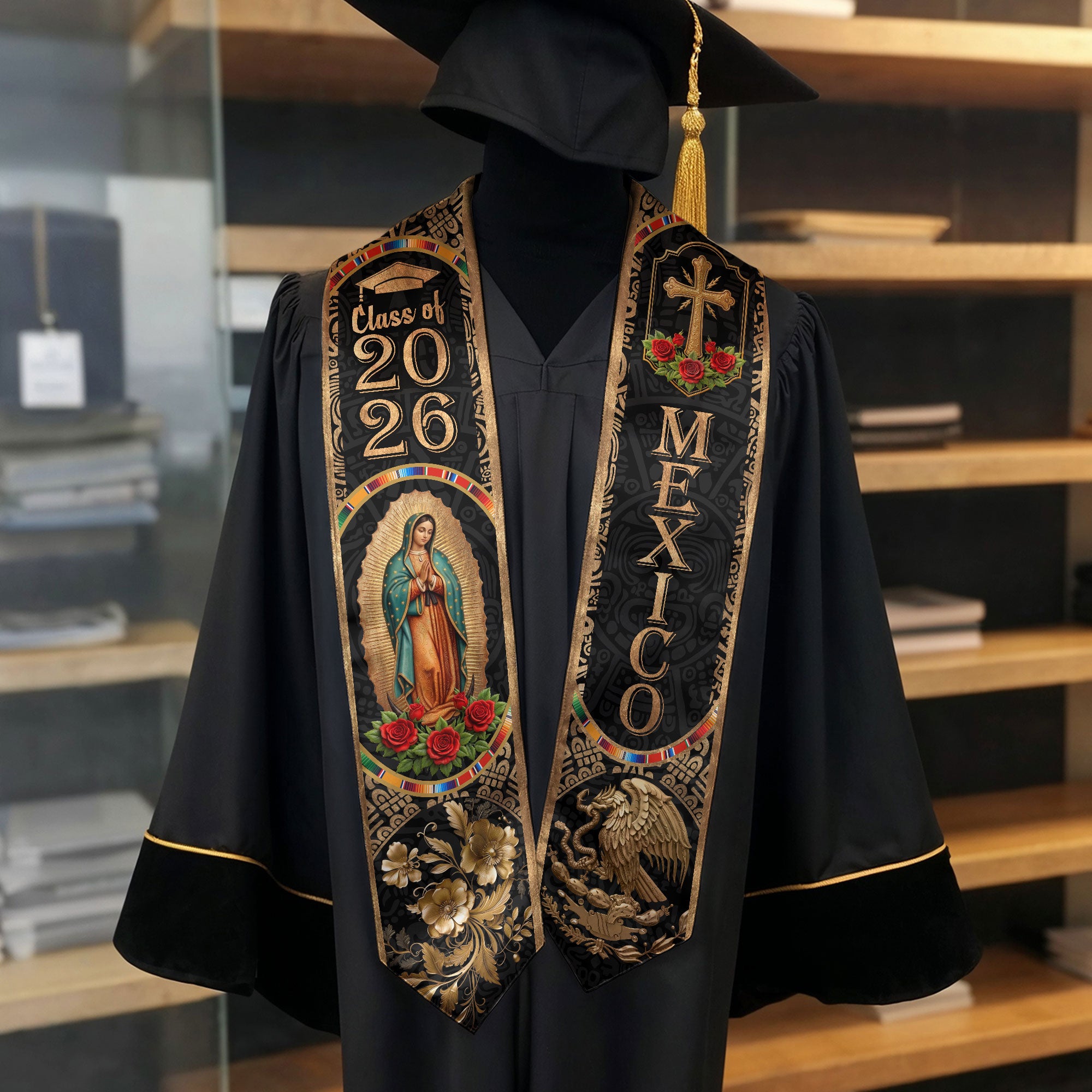 Mexican Graduation Stole Class of 2026 - Black Gold Mexican Heritage Sash Gift