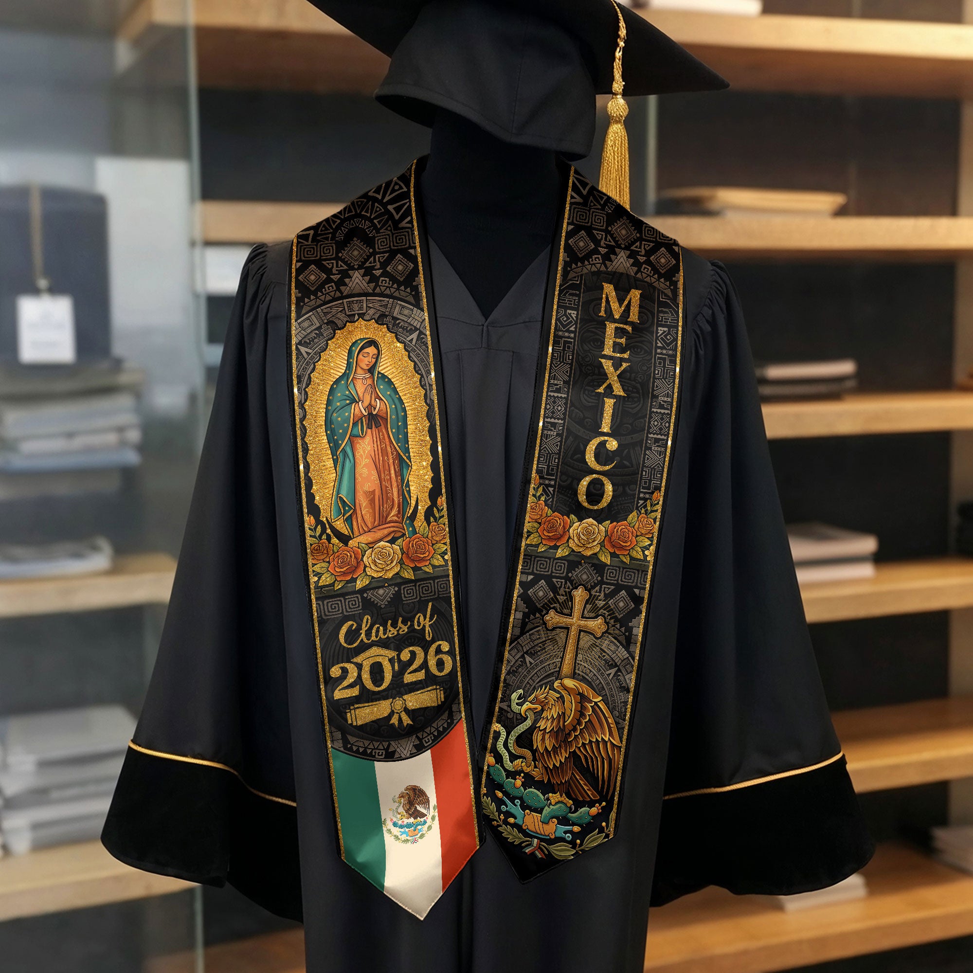 Our Lady of Guadalupe Graduation Stole 2026 - Aztec Sun Stone Mexico Heritage Sash