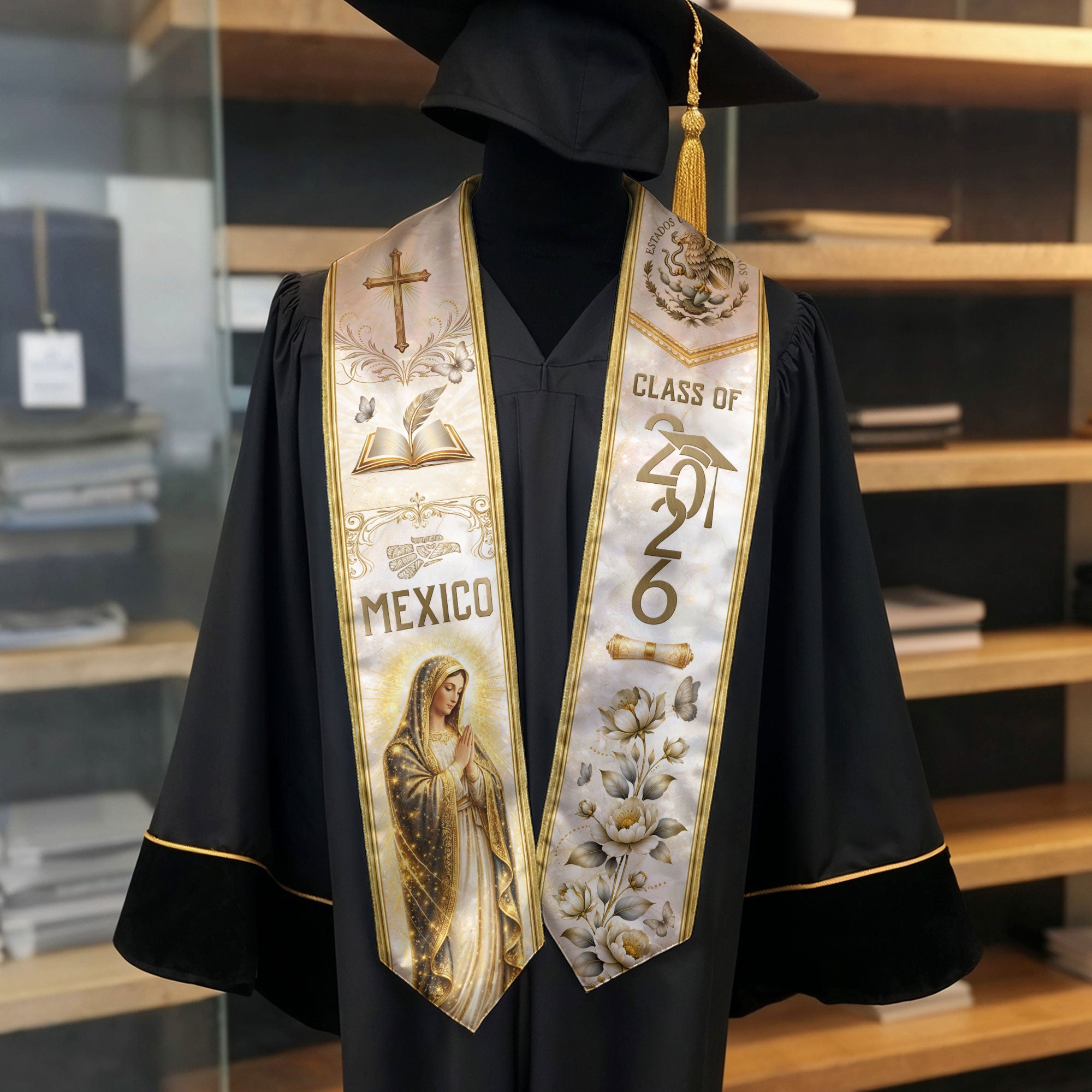 Class of 2026 Mexican Graduation Stole - Virgin Mary & Knowledge Gold Sash
