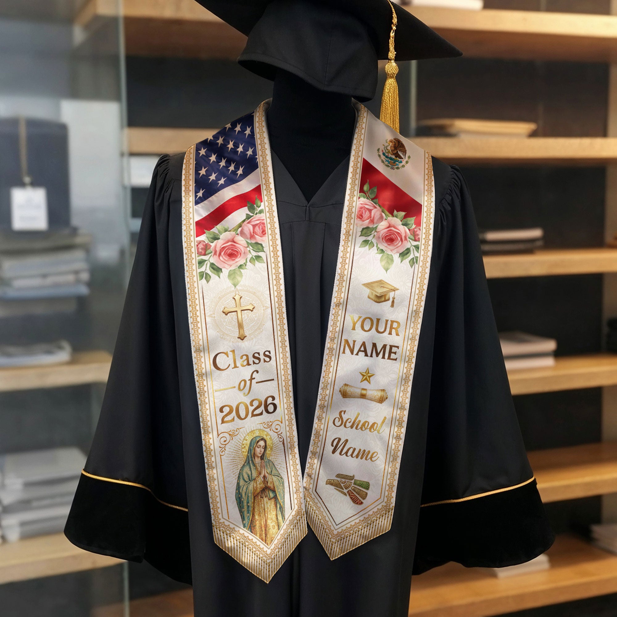 Custom Mexican Graduation Stole 2026 Virgin Mary Aztec Eagle Name School Sash