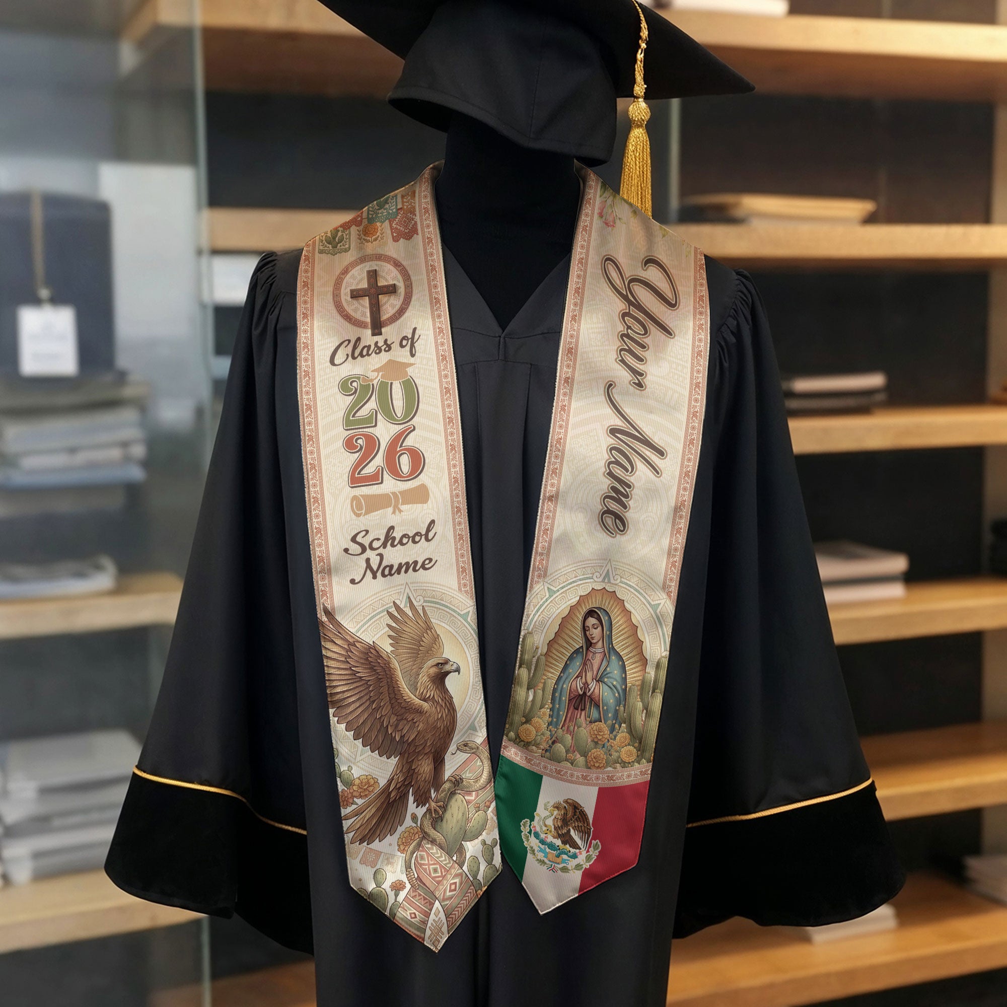 Custom Mexico Graduation Stole 2026 - Our Lady of Guadalupe & Eagle Heritage Sash