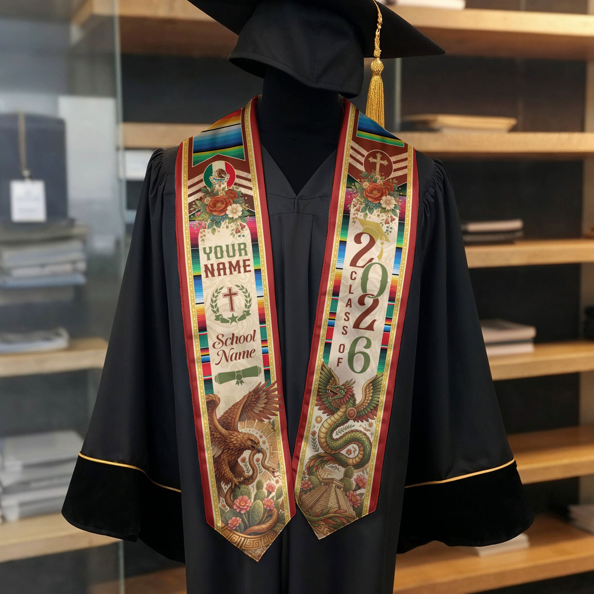 Custom Mexico Graduation Stole 2026 - Quetzalcoatl Aztec & Mexican Eagle Heritage Sash