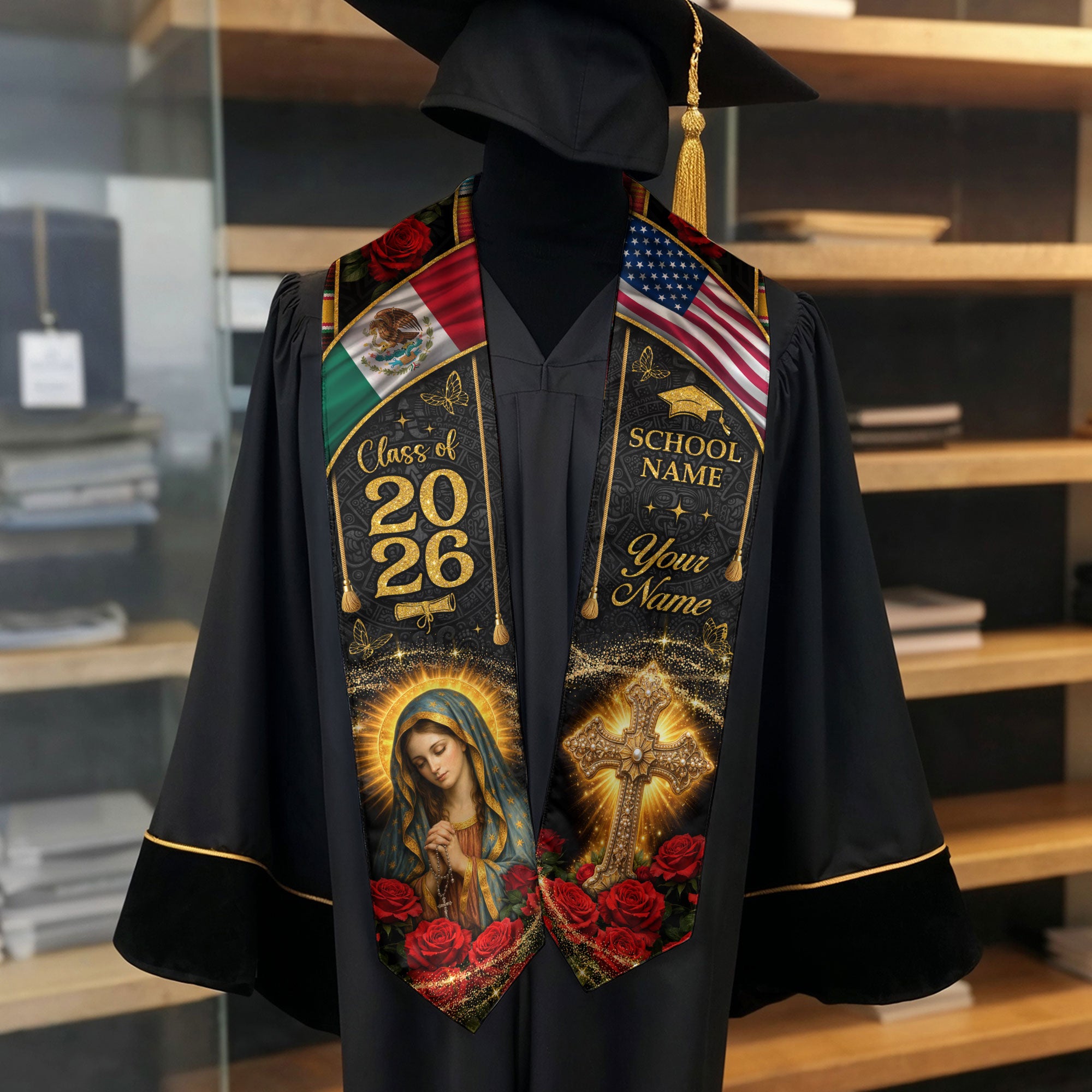 Custom Mexico Graduation Stole Class of 2026 Virgin Mary Cross Mexican Flag Sash