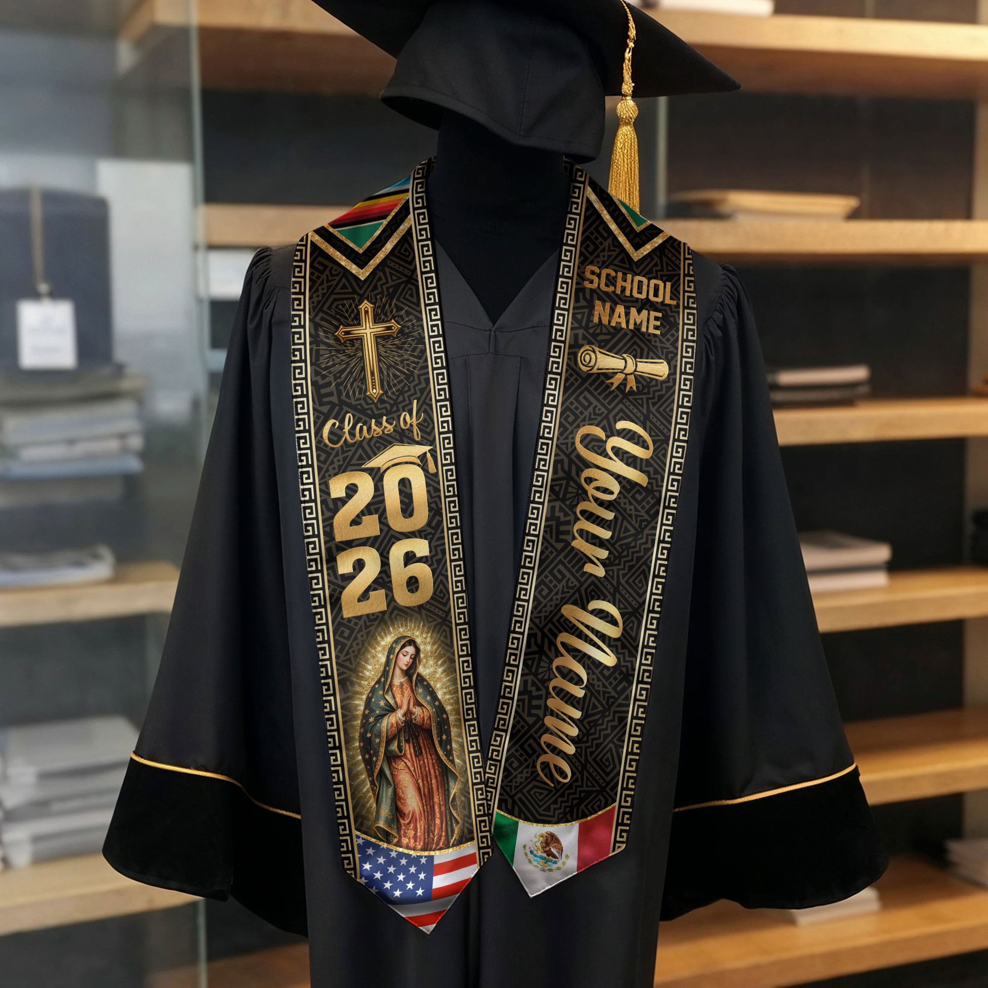 Mexico USA Graduation Stole Class of 2026 - Personalized Serape Heritage Gold Sash