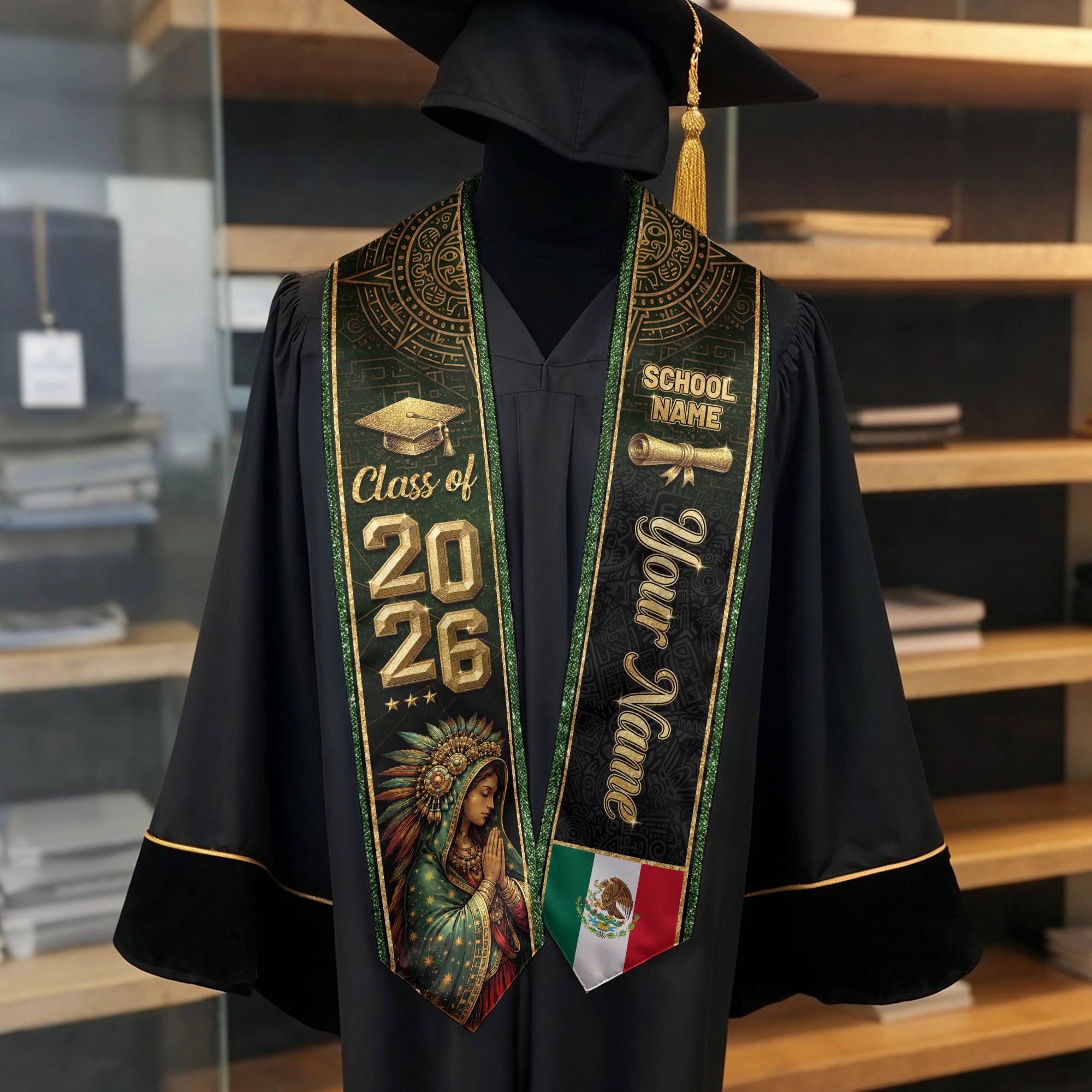 Personalized Mexico Graduation Sash 2026 - Virgin Mary Green Glitter Heritage Stole