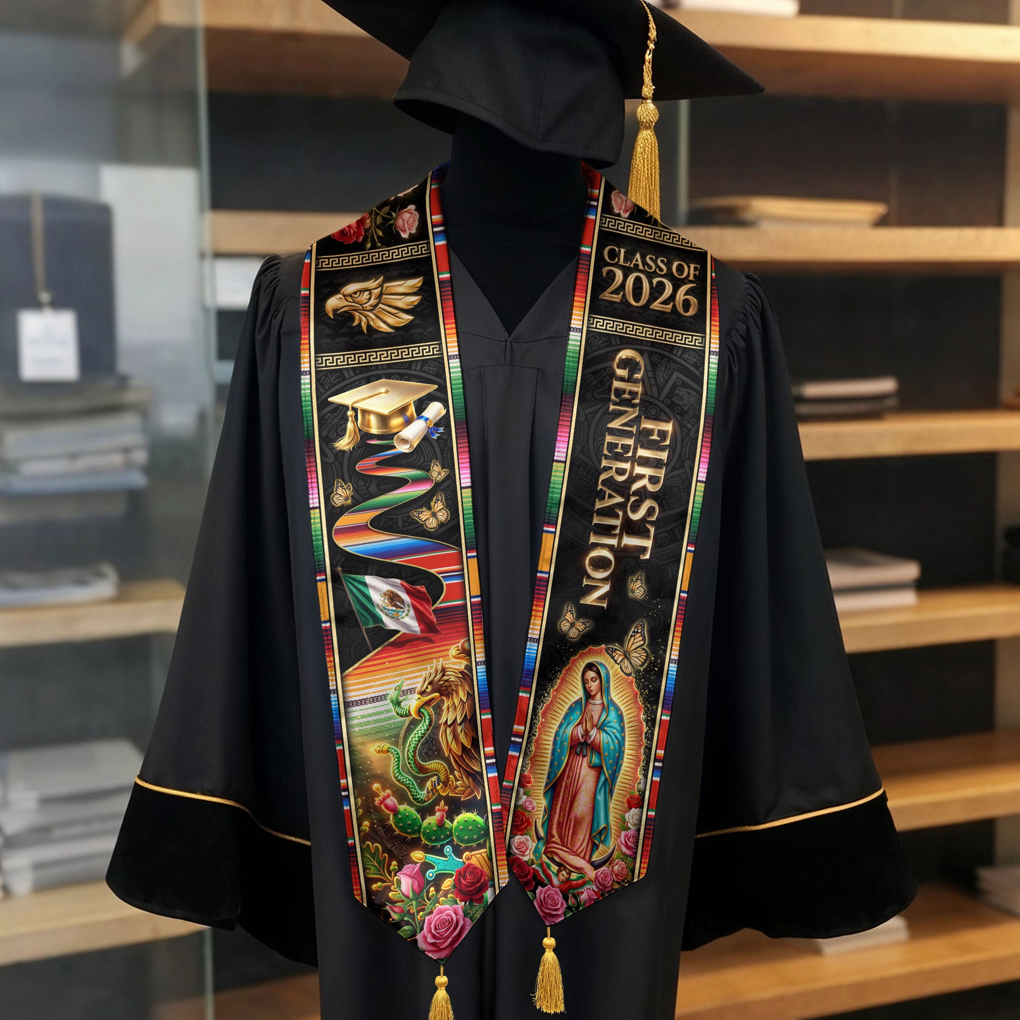 Class of 2026 Mexico Stole First Generation Guadalupe Aztec Eagle Rose Serape Tassel Sash