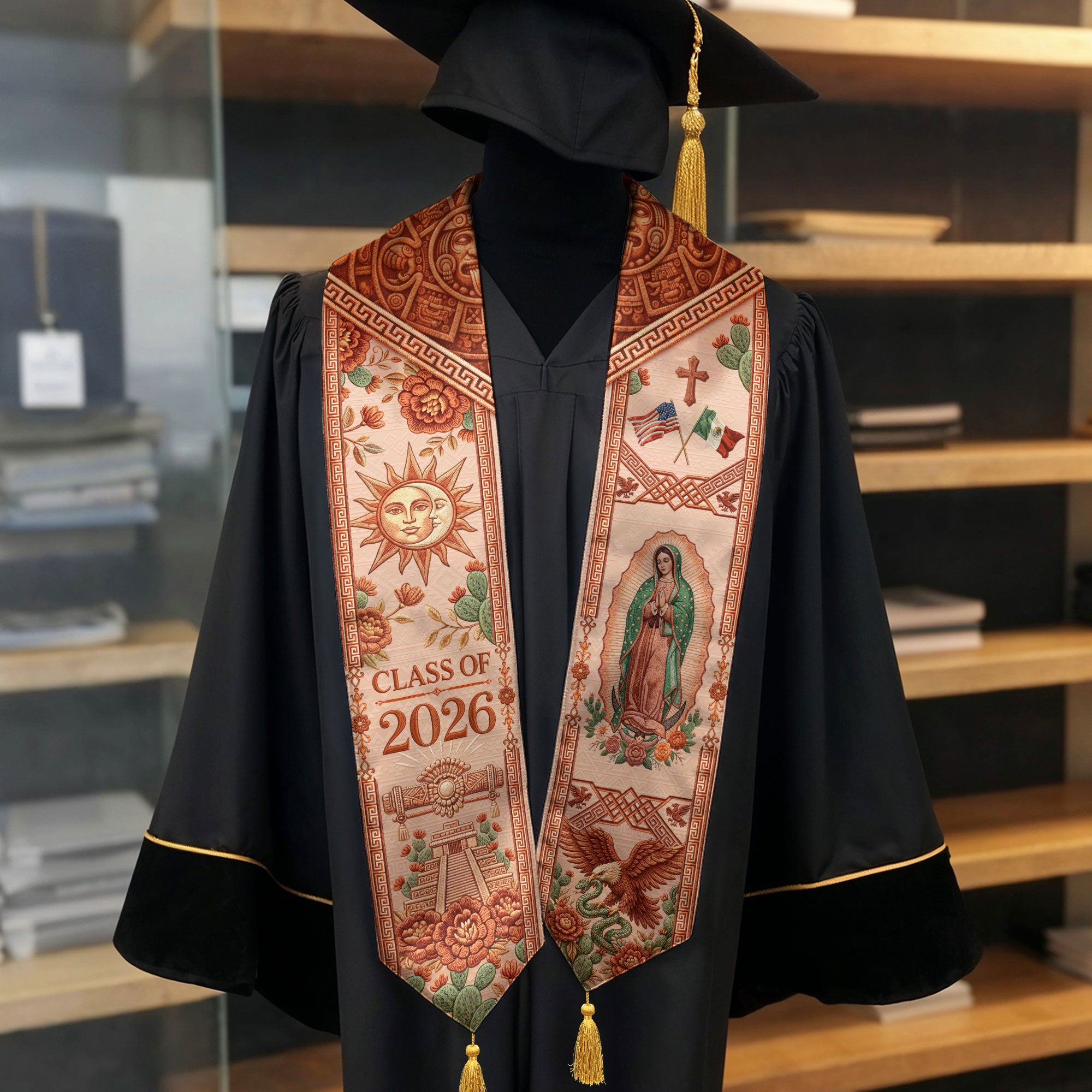 Mexico Graduation Stole Class of 2026 Sun Moon Chichen Itza Guadalupe Tassel Sash