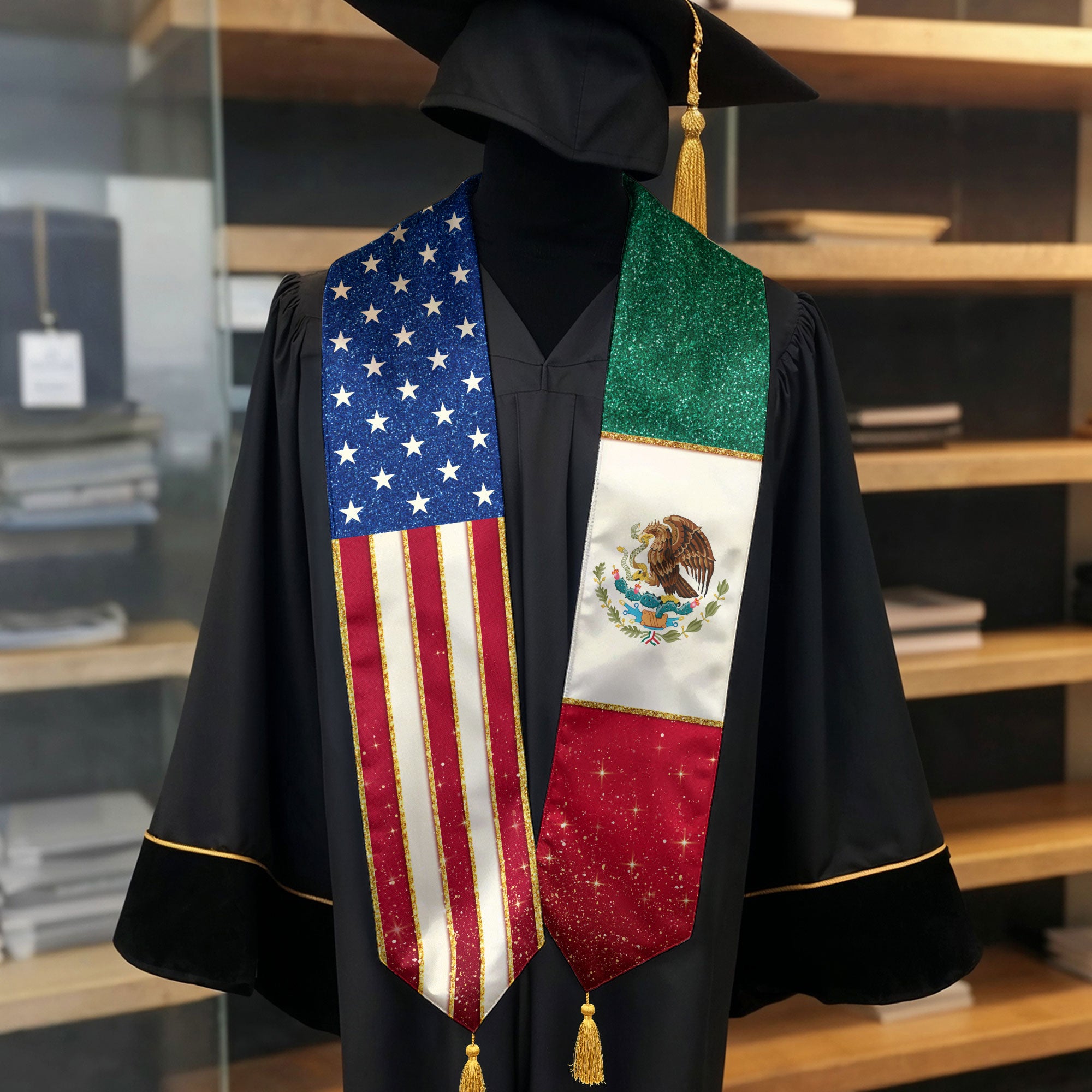 Mexico USA Dual Flag Graduation Stole Glitter Heritage Tassel Sash Gift