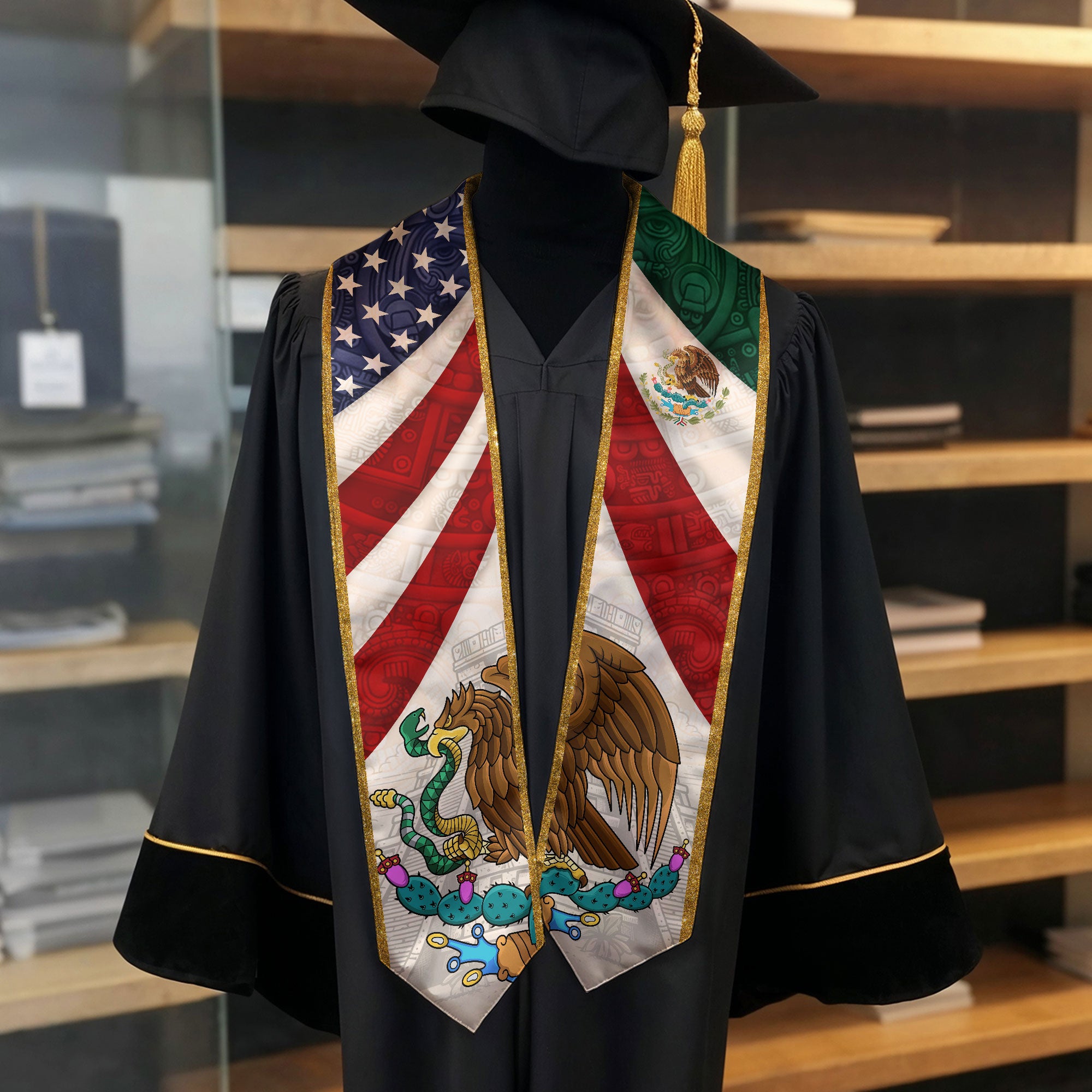 Mexican American Graduation Stole - Mexico USA Flag Sash Aztec Eagle Heritage