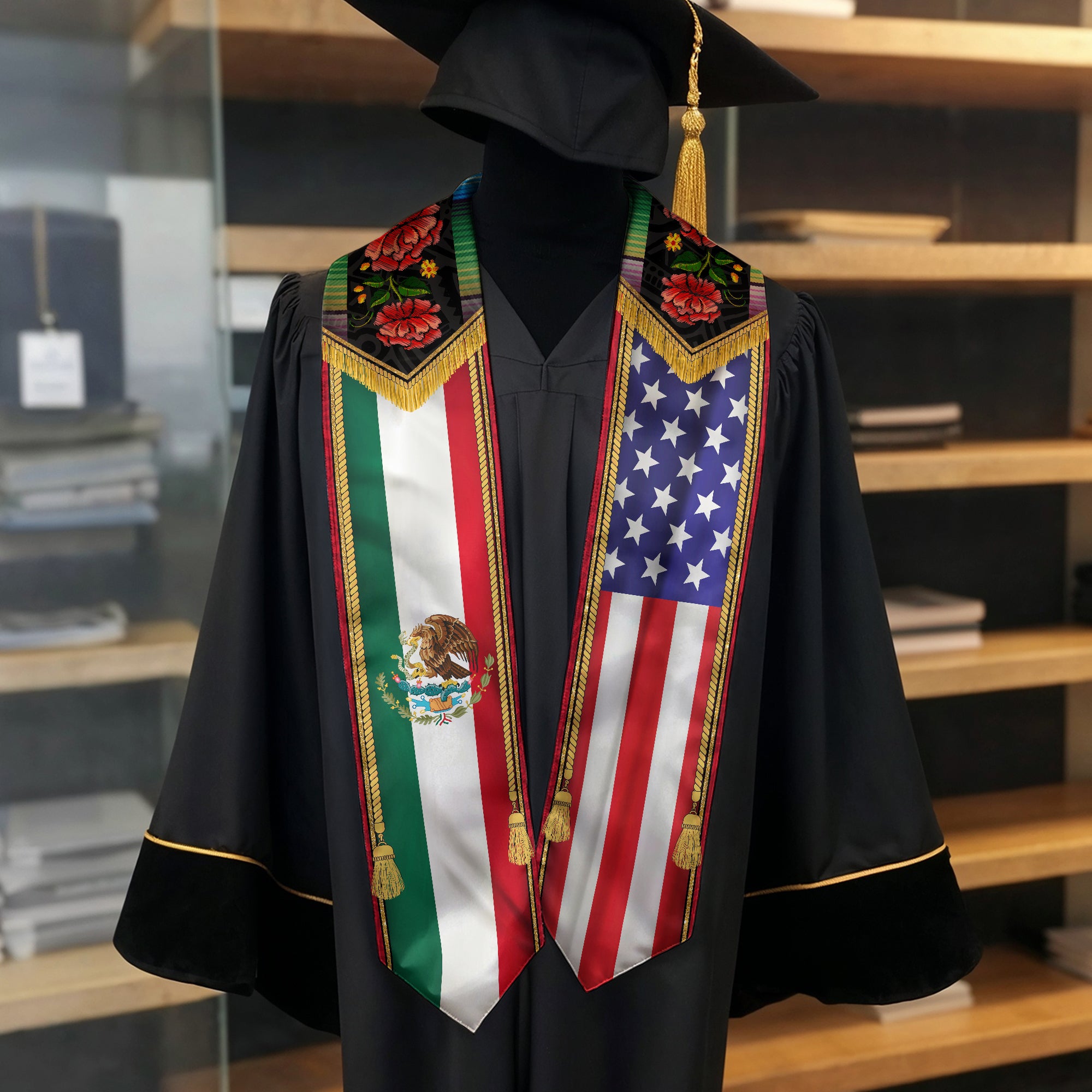 Mexico USA Floral Graduation Stole - Mexican American Heritage Serape Sash