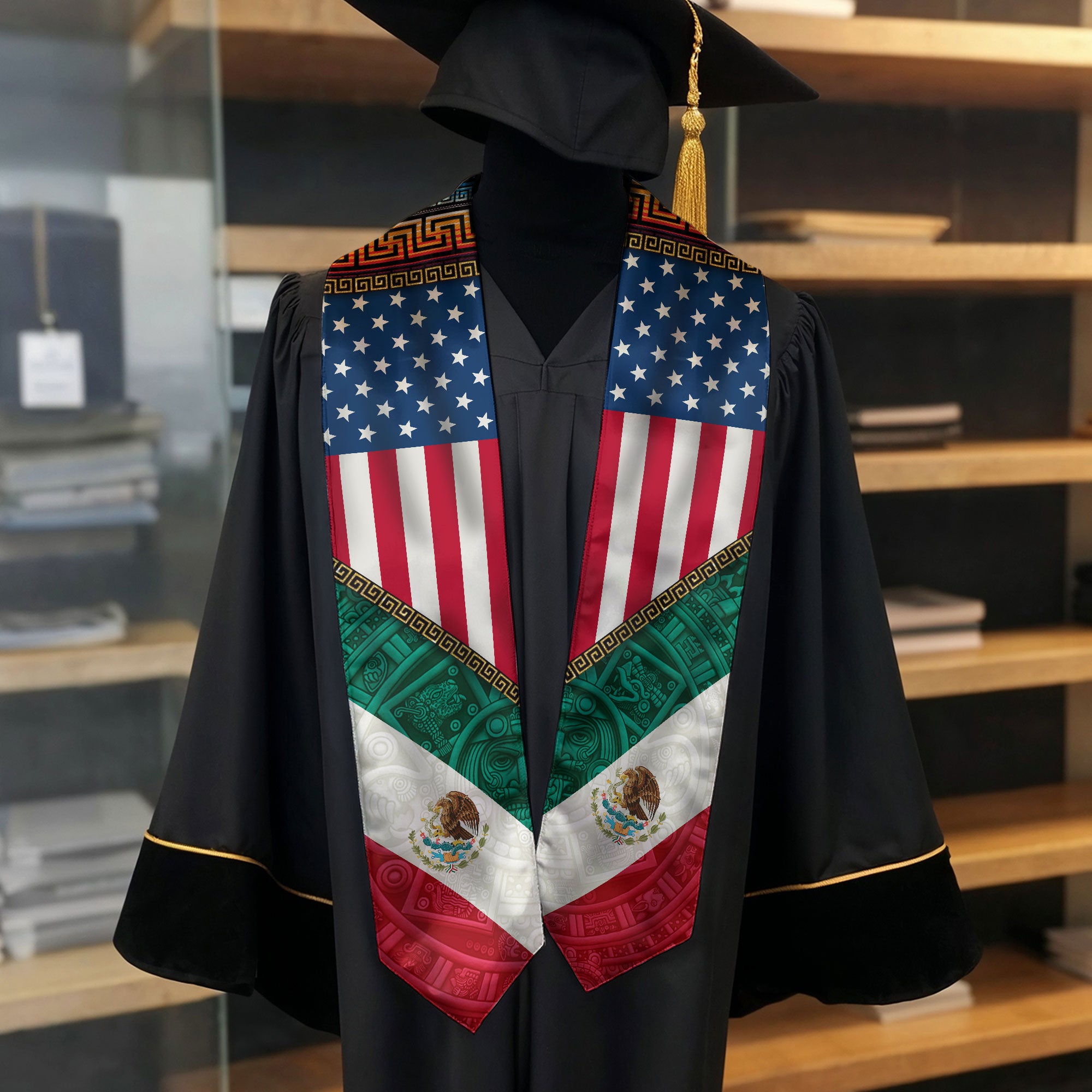 Mexico USA Flag Graduation Stole - Aztec Pattern Mexican American Heritage Sash