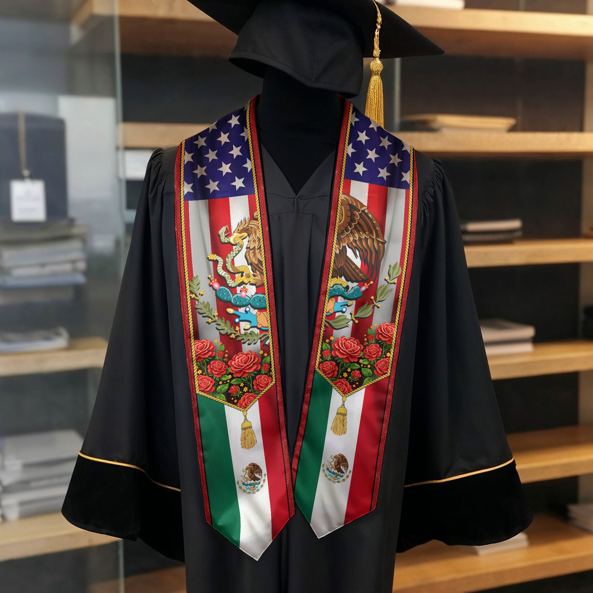 Mexico USA Flag Graduation Stole - Mexican American Heritage Eagle Red Rose Sash