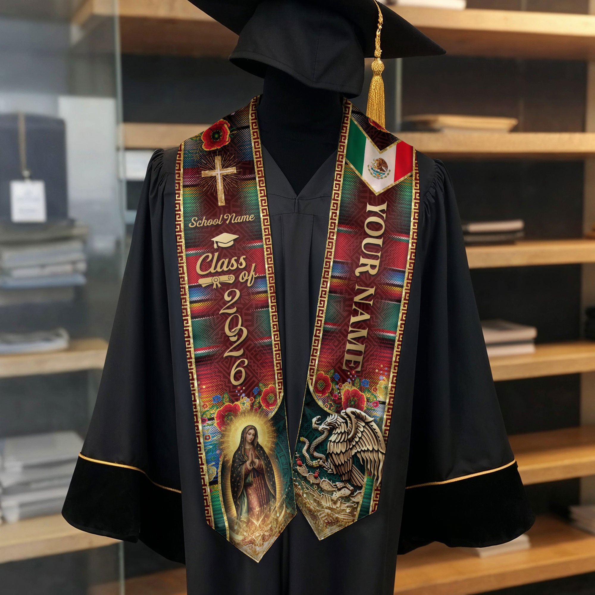 Custom Mexican Heritage Graduation Stole 2026 Virgin Mary Serape Eagle Sash