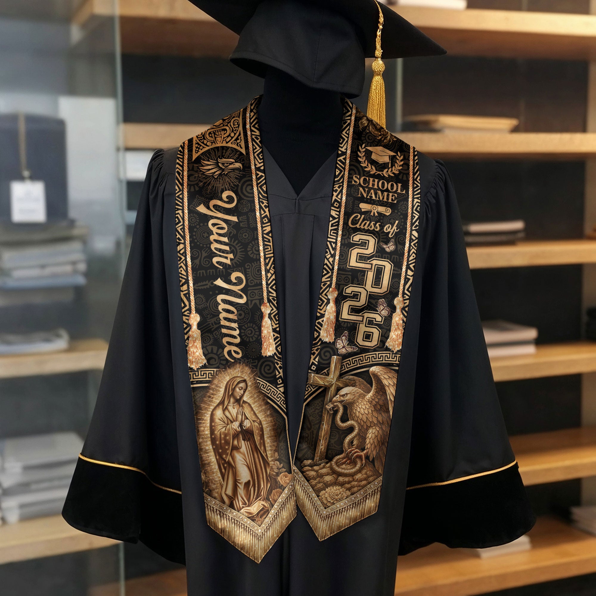 Vintage Gold Mexico Graduation Stole 2026 Virgin Mary Eagle Personalized Heritage Sash