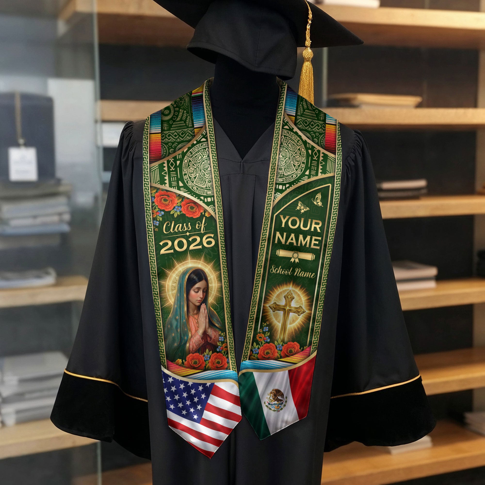 Custom Mexico USA Flag Graduation Stole 2026 Virgin Mary Heritage Sash