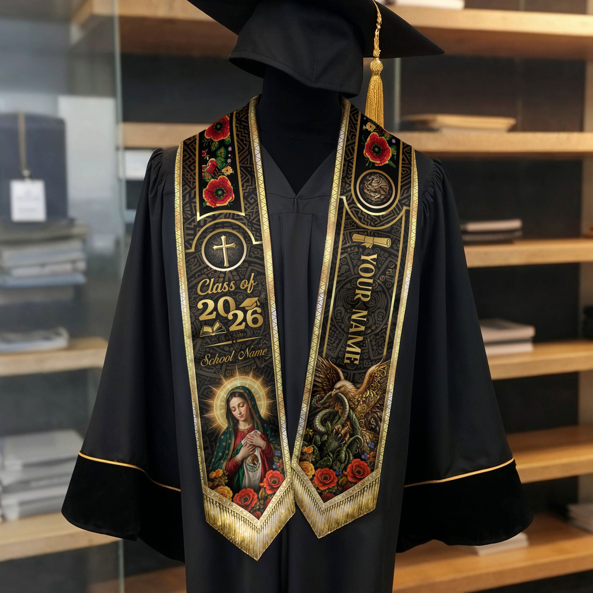 Custom Mexican Graduation Stole 2026 Catholic Virgin Mary Gold Luxury Name School Sash