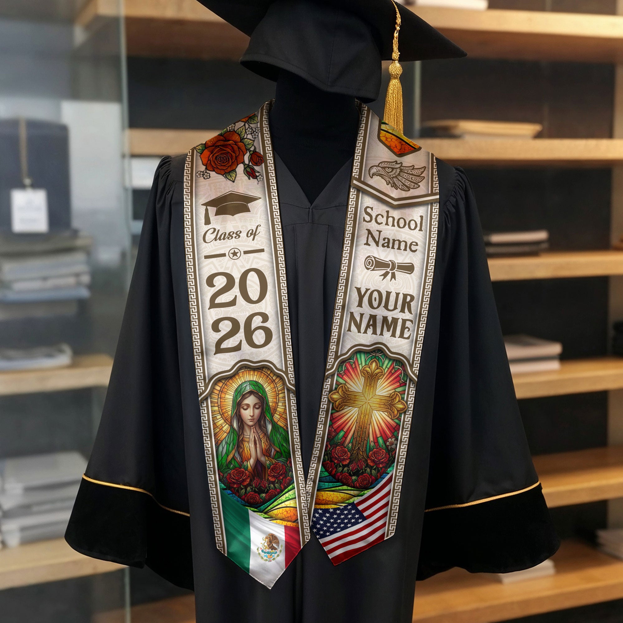 Mexican Graduation Stole 2026 Custom Name School Virgin Mary Cross Gold White Sash