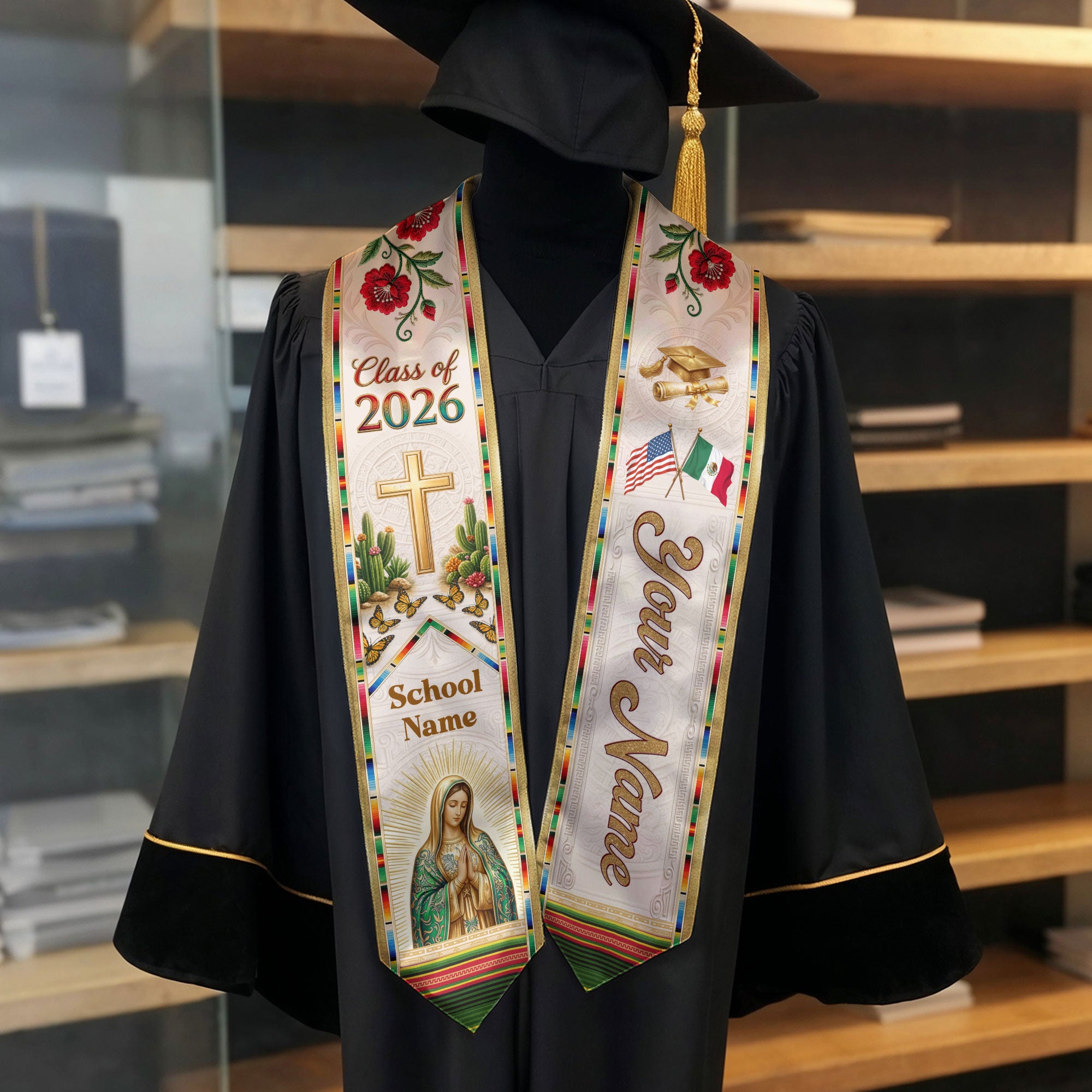Mexican Heritage Graduation Stole 2026 - Custom Name School Virgin Mary Cross Floral Sash
