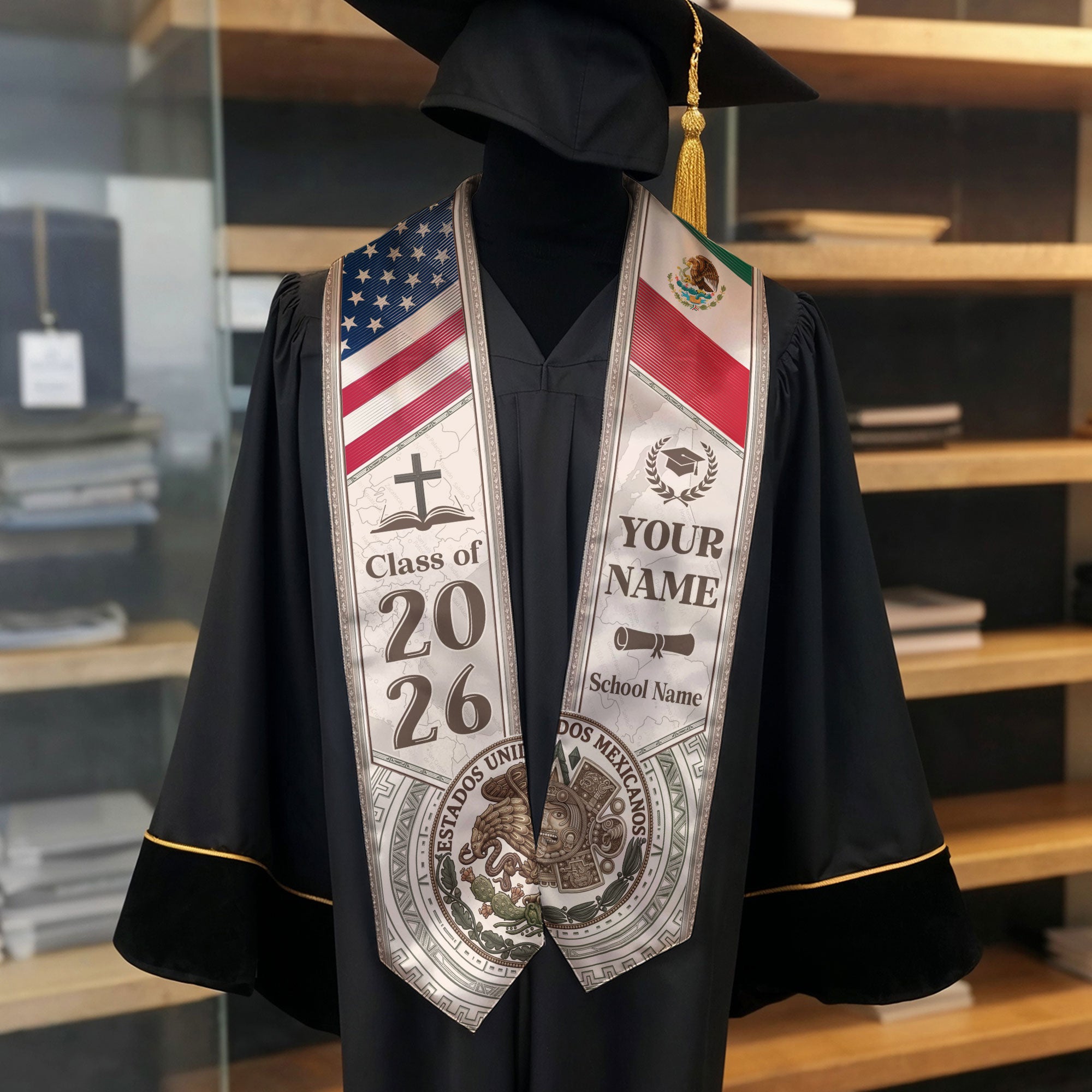 USA Mexico Dual Citizenship Graduation Stole 2026 - Personalized Name & School Sash