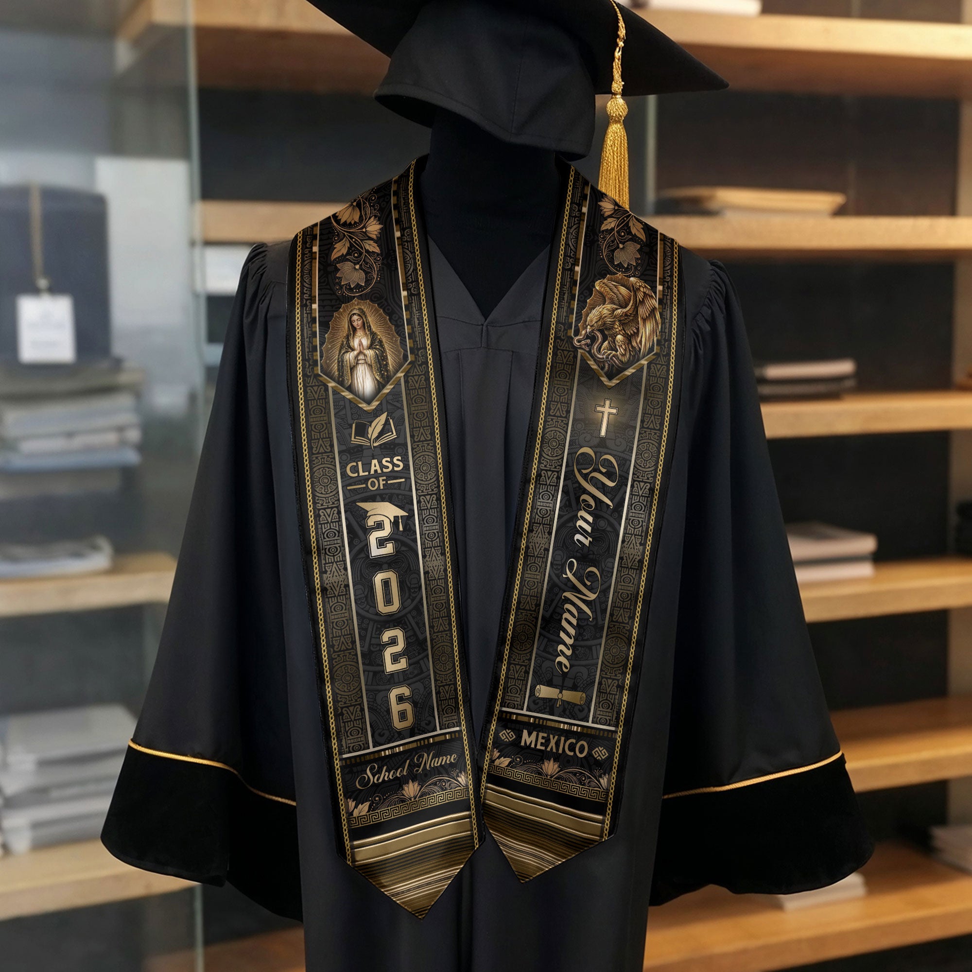 Mexico Graduation Stole Class of 2026 - Custom Name School Gold Black Sash