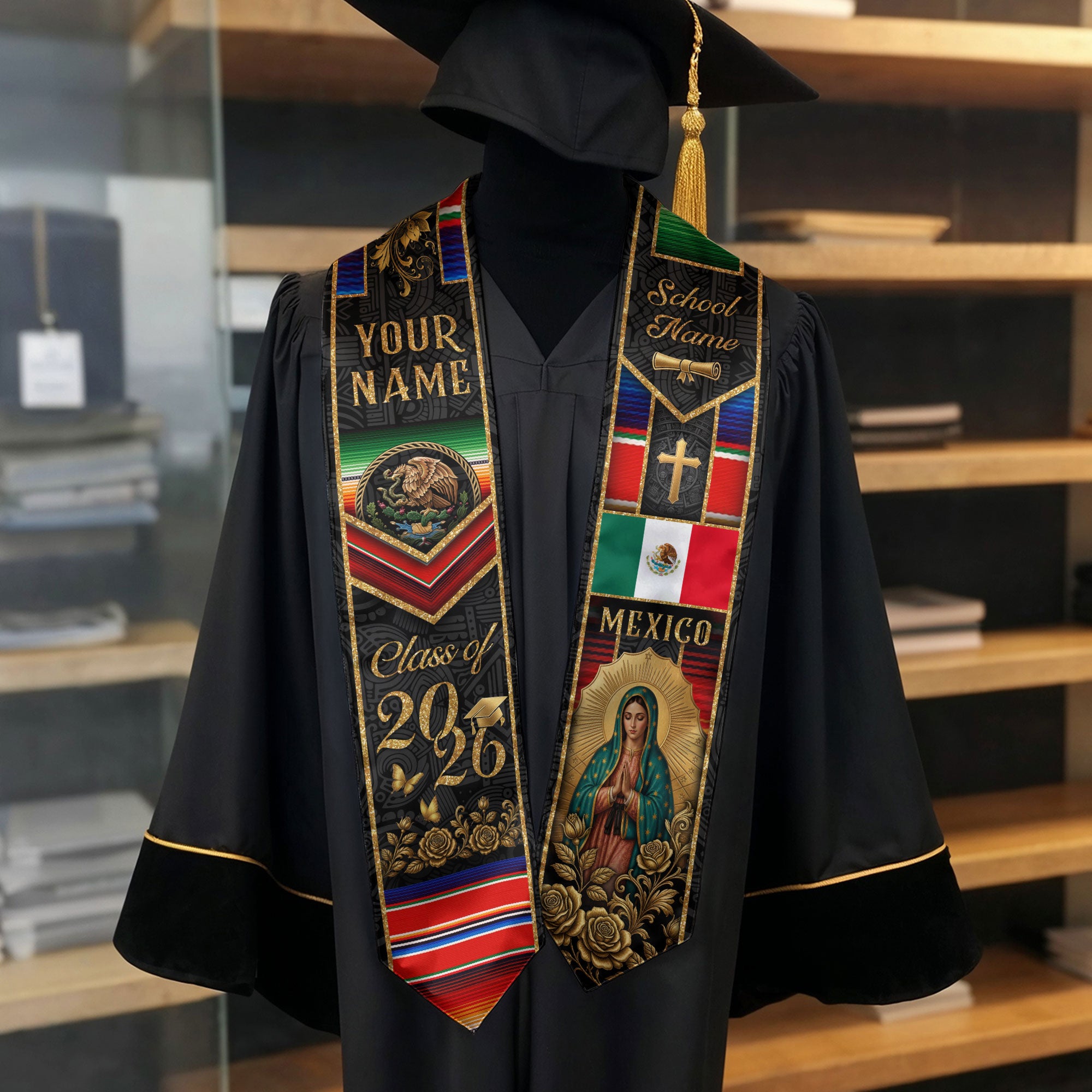 Mexican Heritage Graduation Stole 2026 - Custom Name School Eagle Virgin Mary Gold Sash