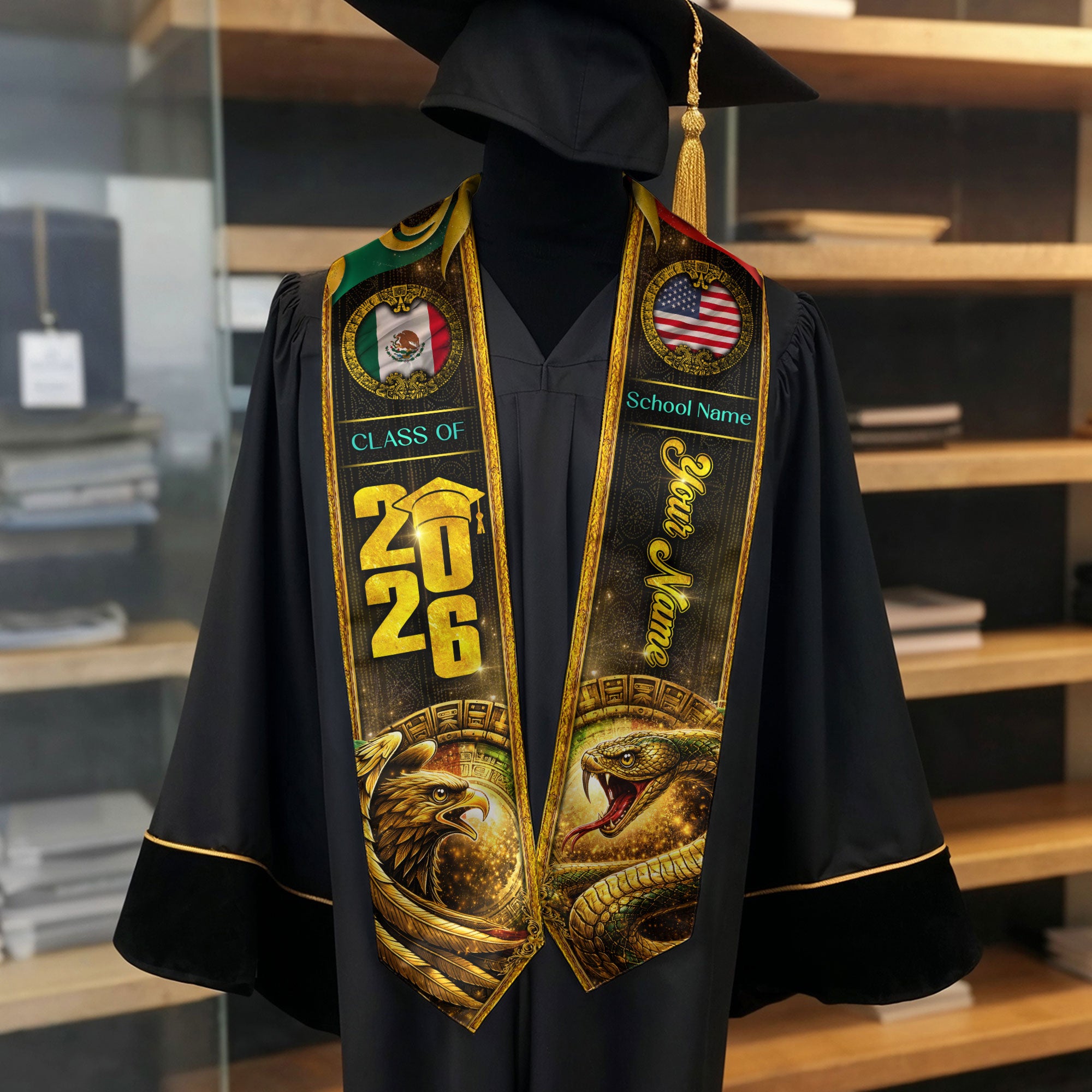 Custom Mexico USA Flag Graduation Stole 2026 Eagle Snake Mexican American Heritage Sash