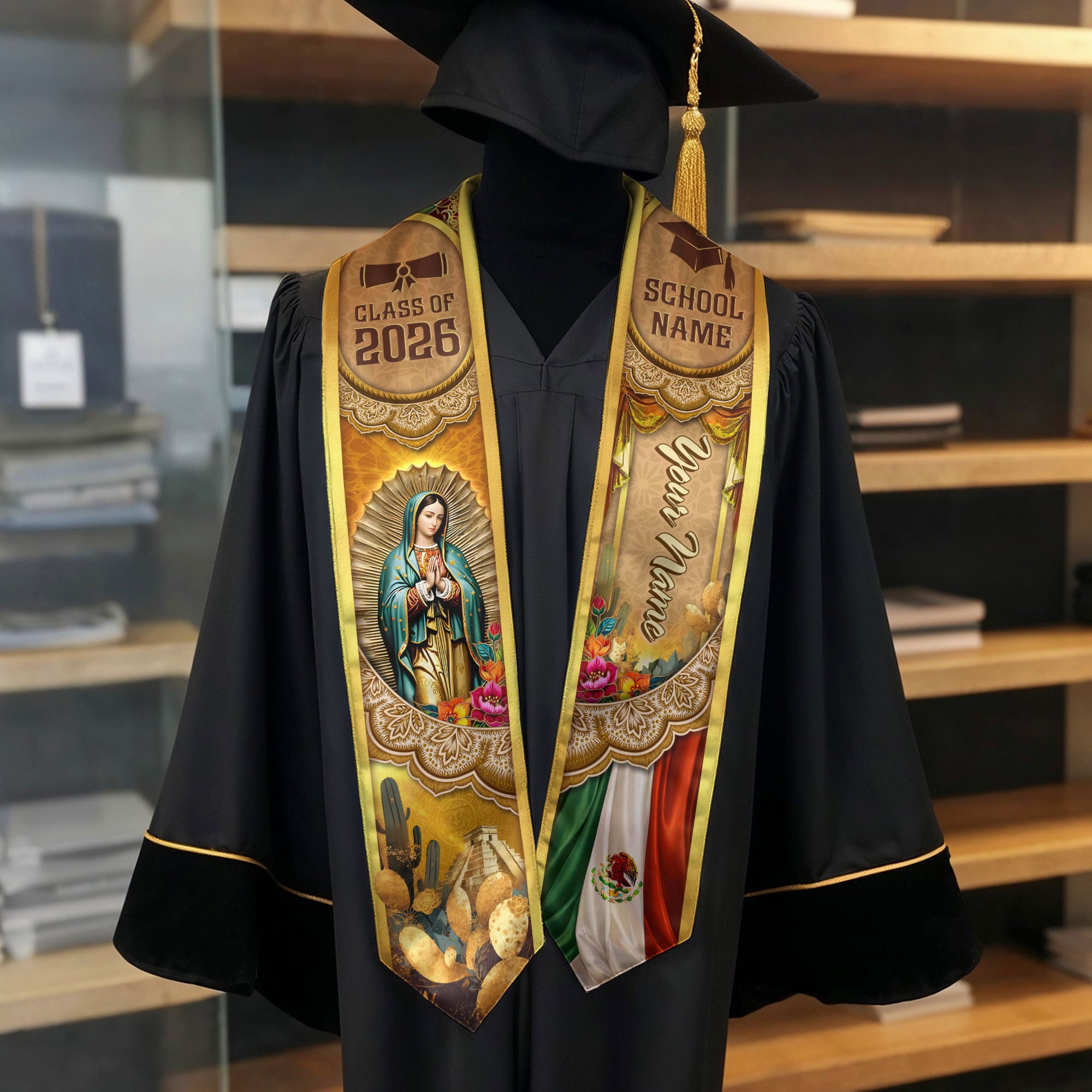 Mexico Graduation Stole 2026 Virgin Mary Pyramid Personalized Heritage Gold Sash