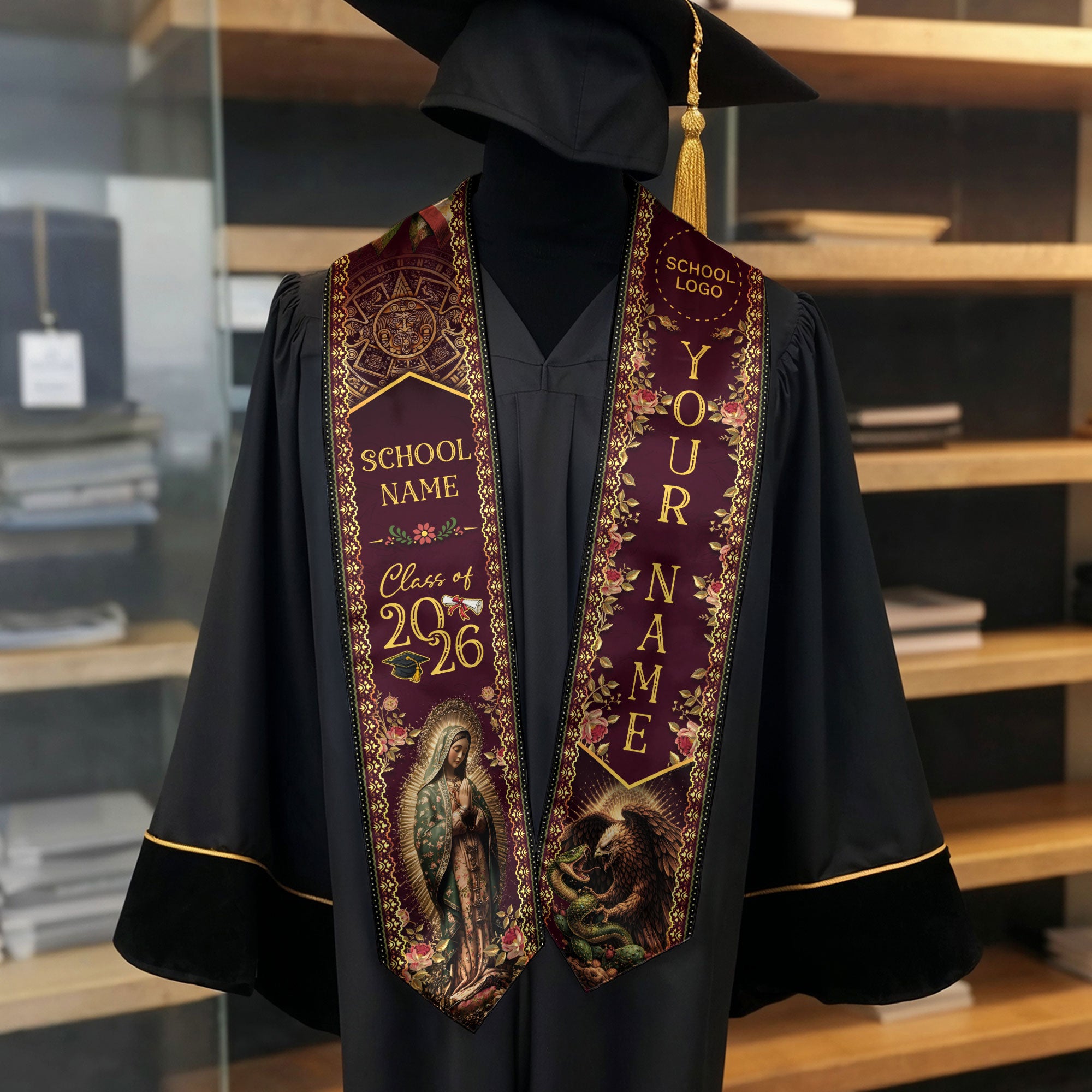 Mexico Graduation Stole 2026 Virgin Mary Burgundy Gold Personalized Heritage Sash