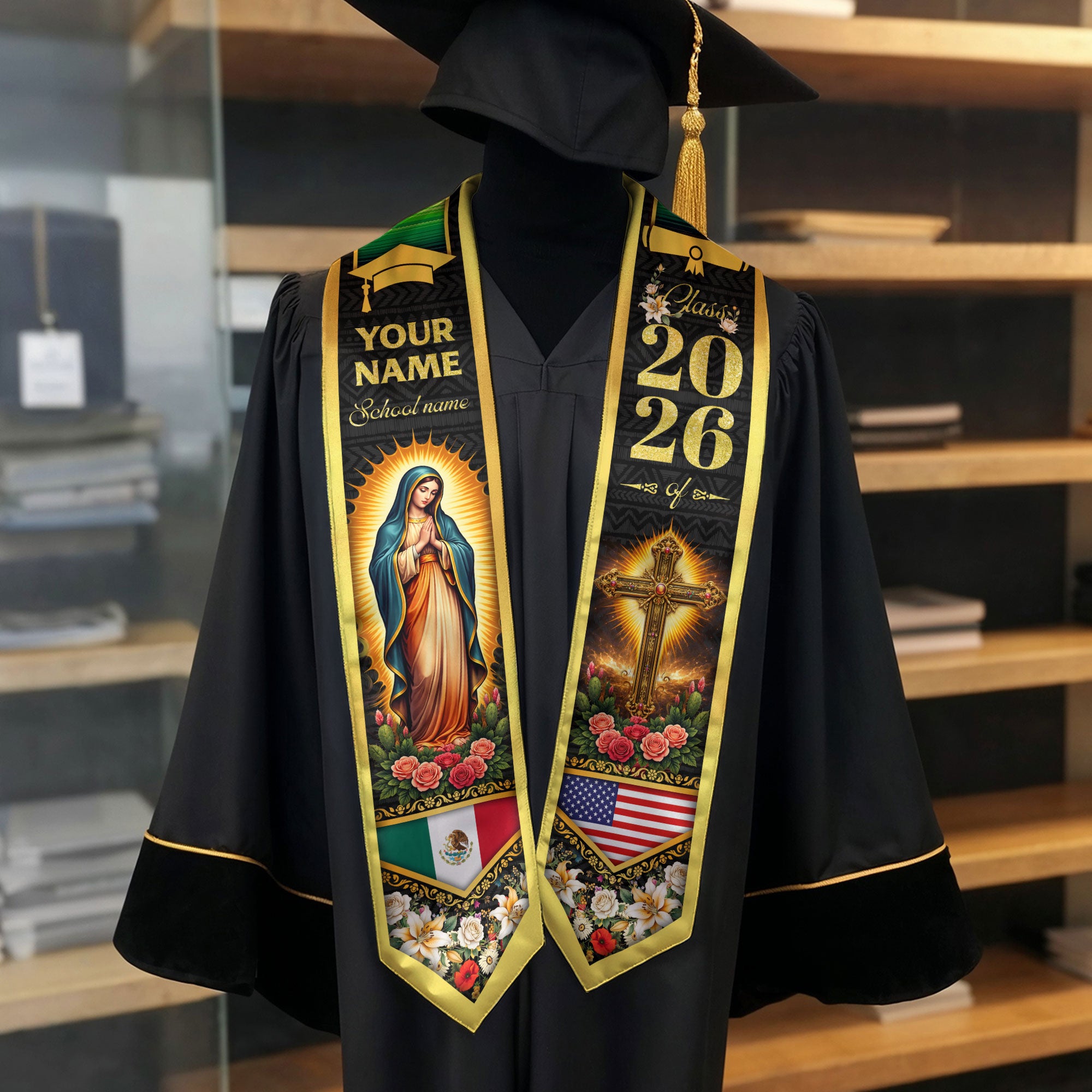 Custom Mexico USA Flag Graduation Stole 2026 Virgin Mary Cross Heritage Sash