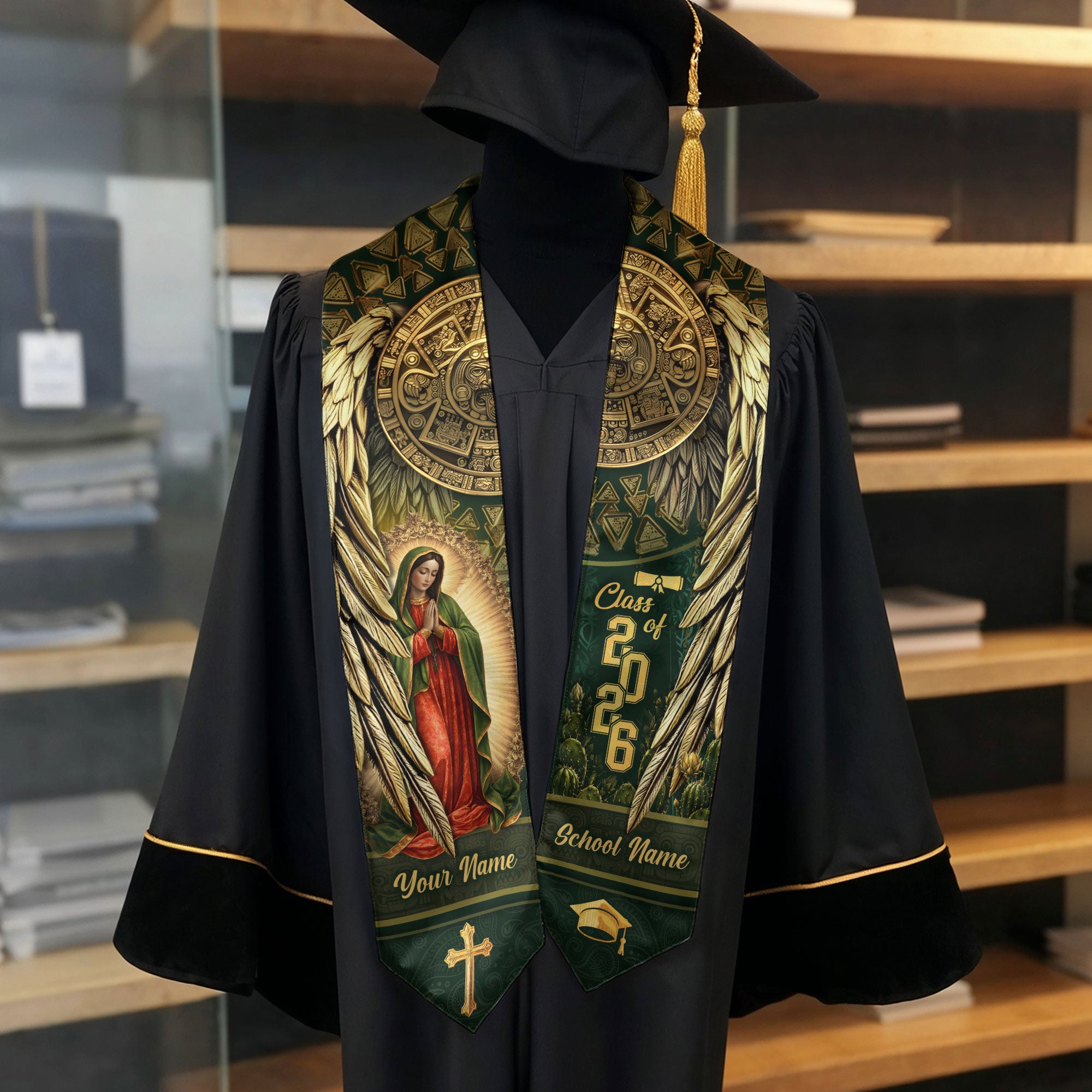 Mexico Graduation Stole 2026 Virgin Mary Aztec Calendar Personalized Heritage Sash