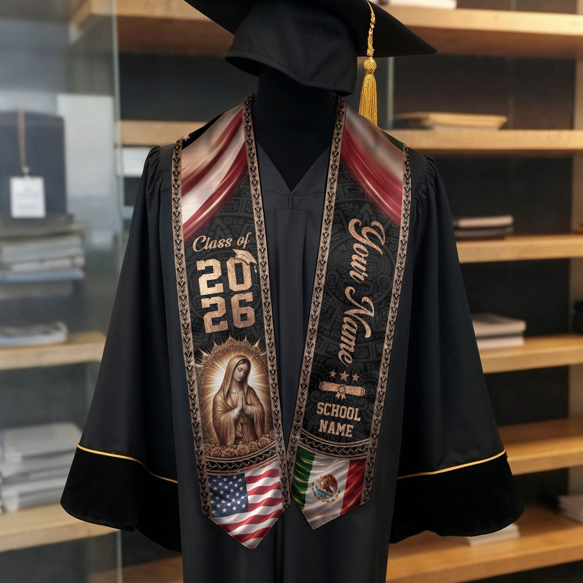 Mexico USA Flag Graduation Stole 2026 Virgin Mary Personalized Heritage Bronze Sash