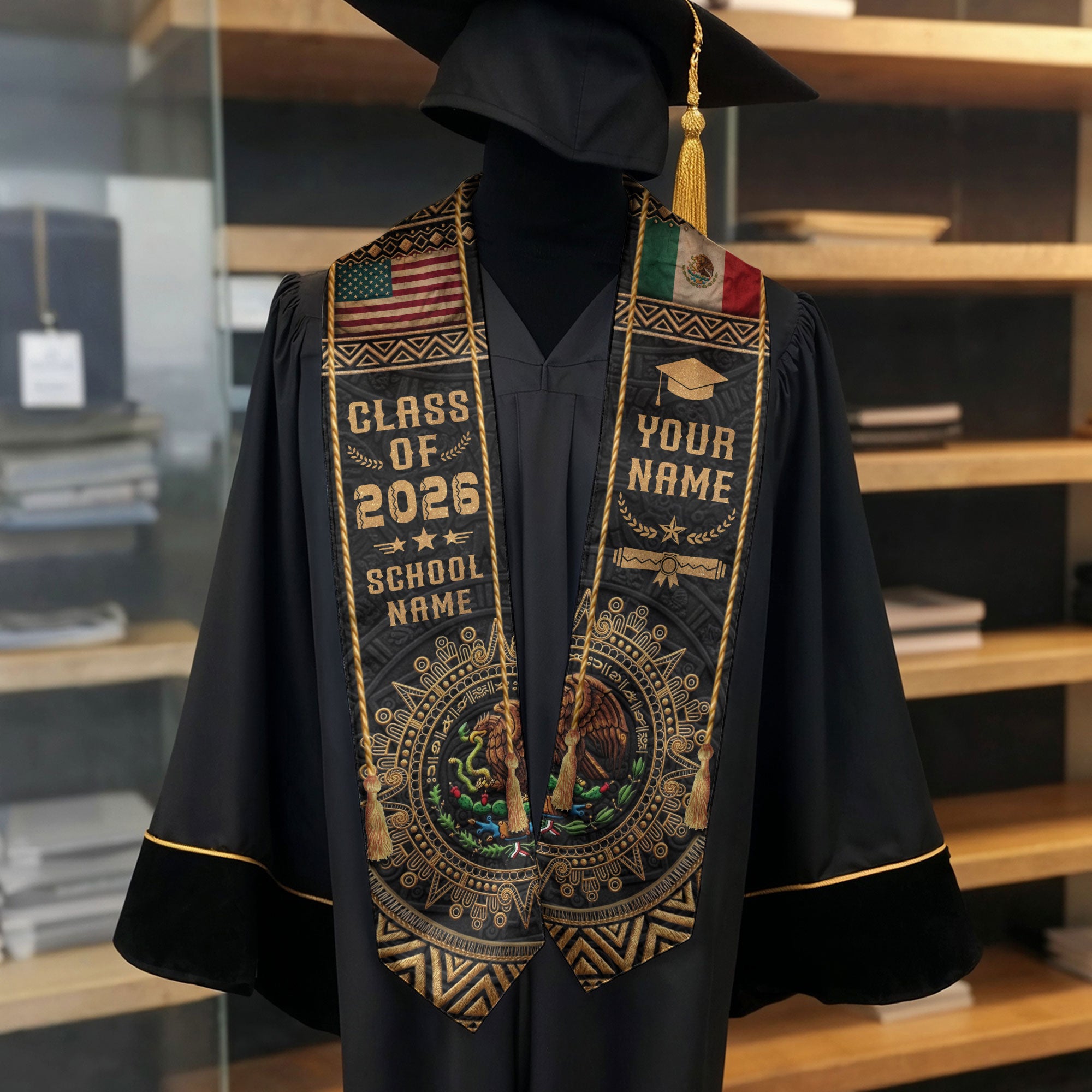 Custom Mexico USA Flag Graduation Stole 2026 Aztec Calendar Heritage Gold Sash